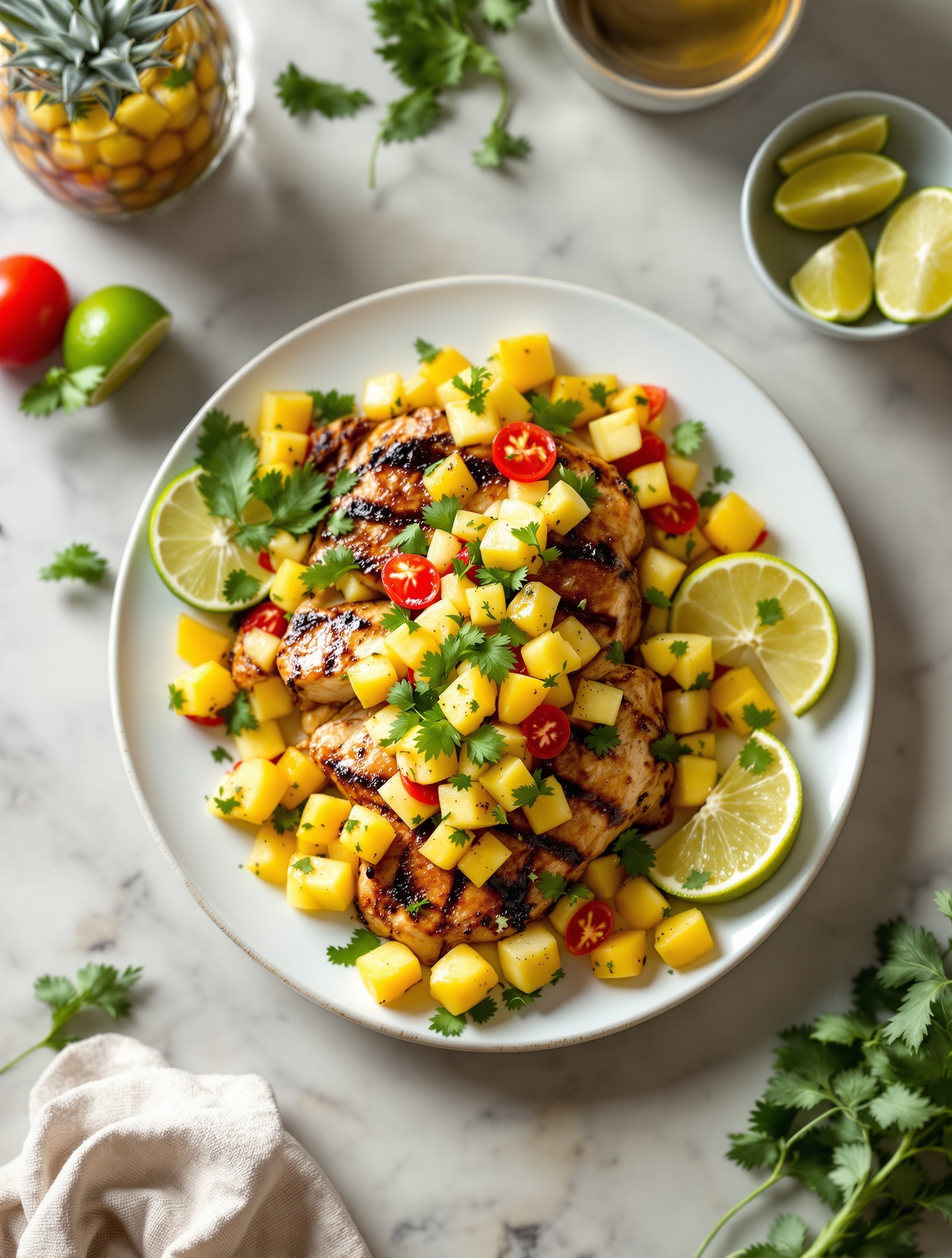 Grilled chicken with pineapple salsa and lime wedges on a plate