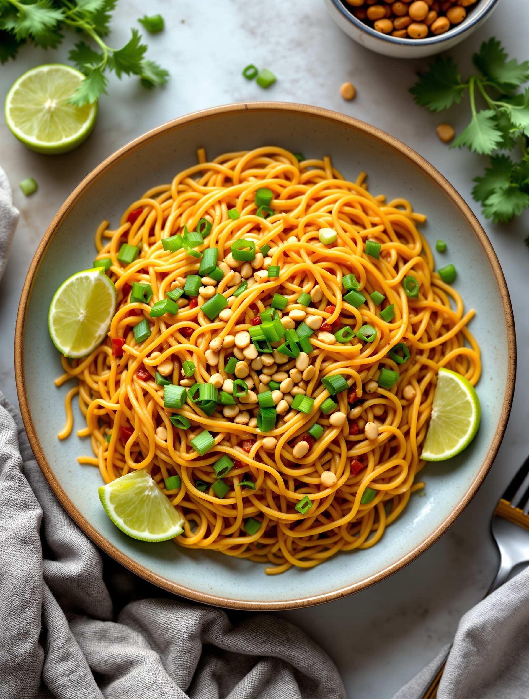 A bowl of Thai Peanut Noodles topped with green onions and peanuts, garnished with lime slices.