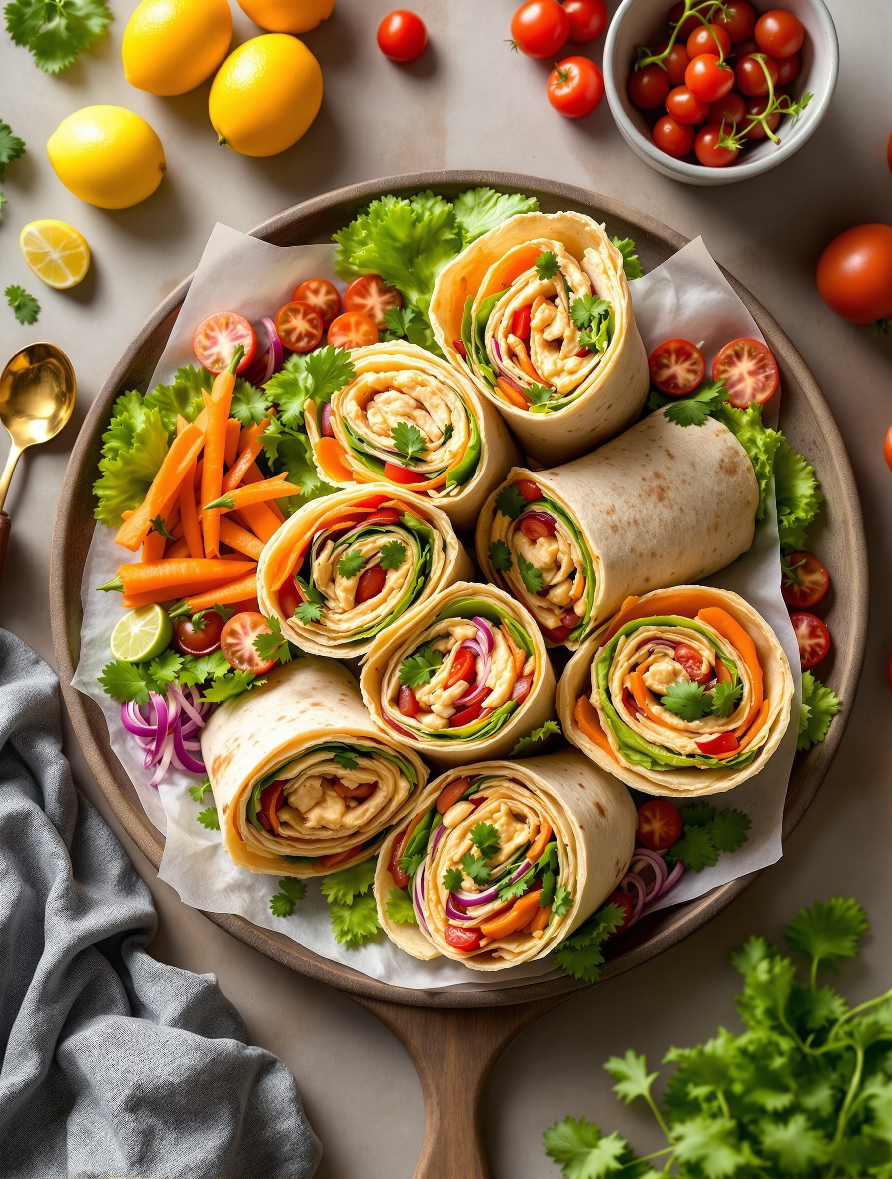 A platter of colorful tortilla pinwheels filled with hummus and fresh vegetables, surrounded by cherry tomatoes and lemon slices.