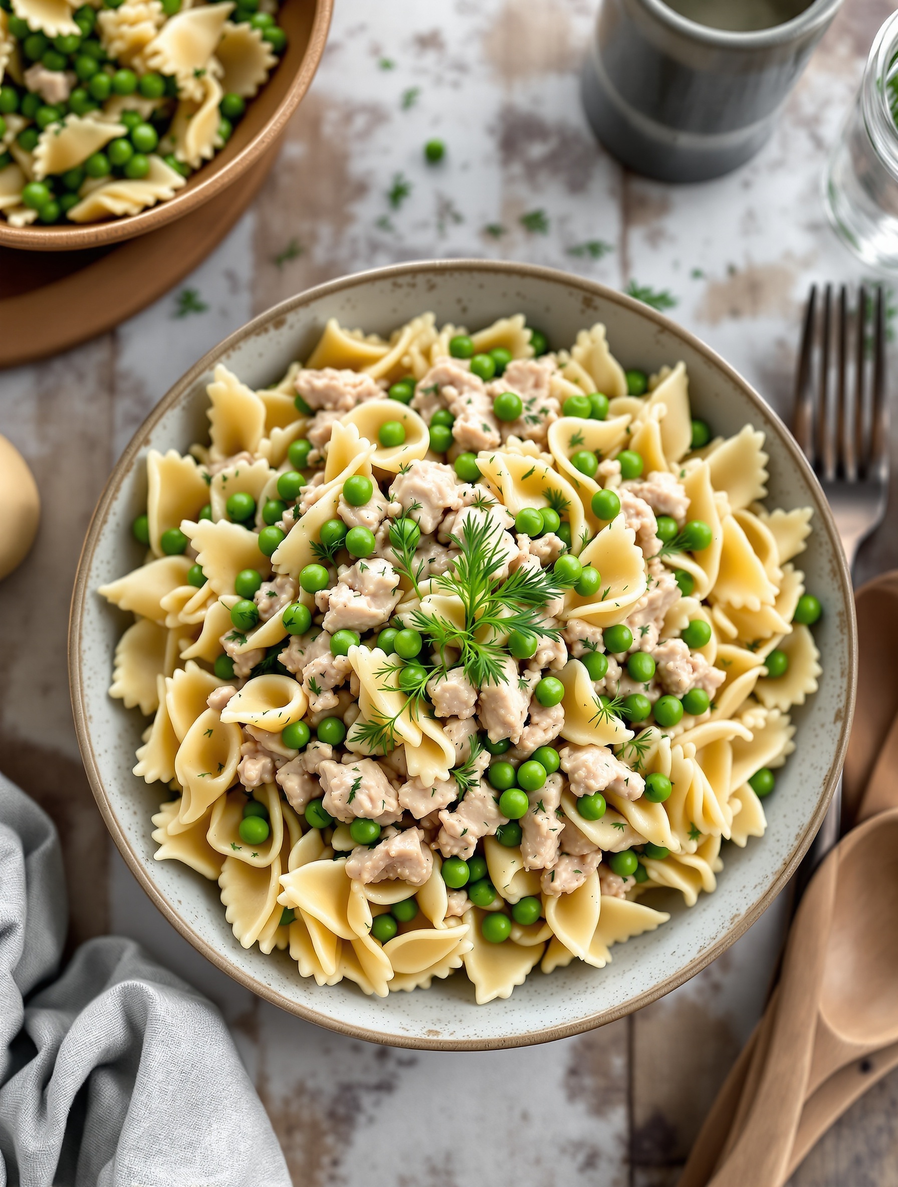 A bowl of Tuna Pasta Salad with Peas, featuring farfalle pasta, tuna, and green peas, garnished with fresh dill.