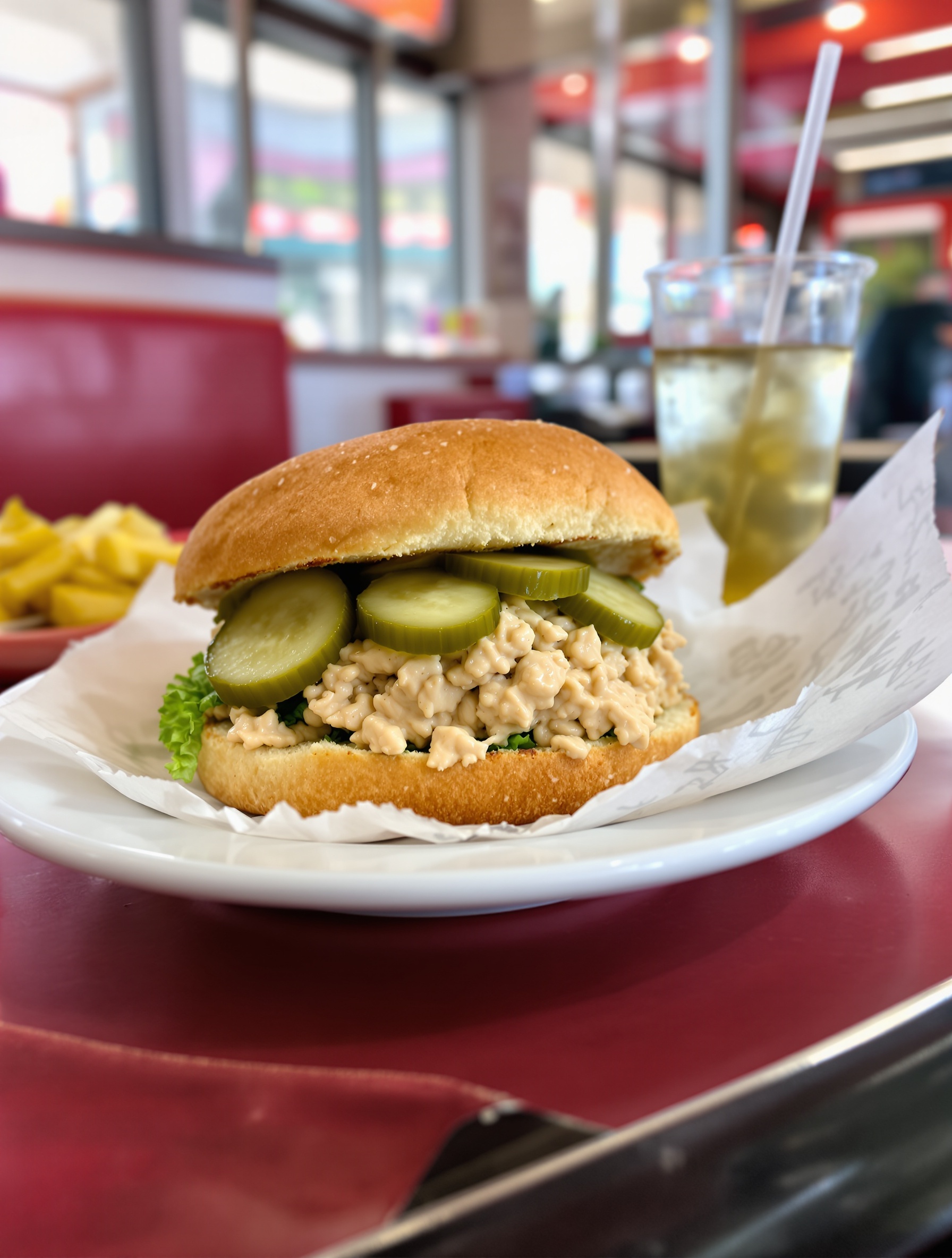 A delicious tuna salad sandwich with pickles on a plate, accompanied by a drink and fries.