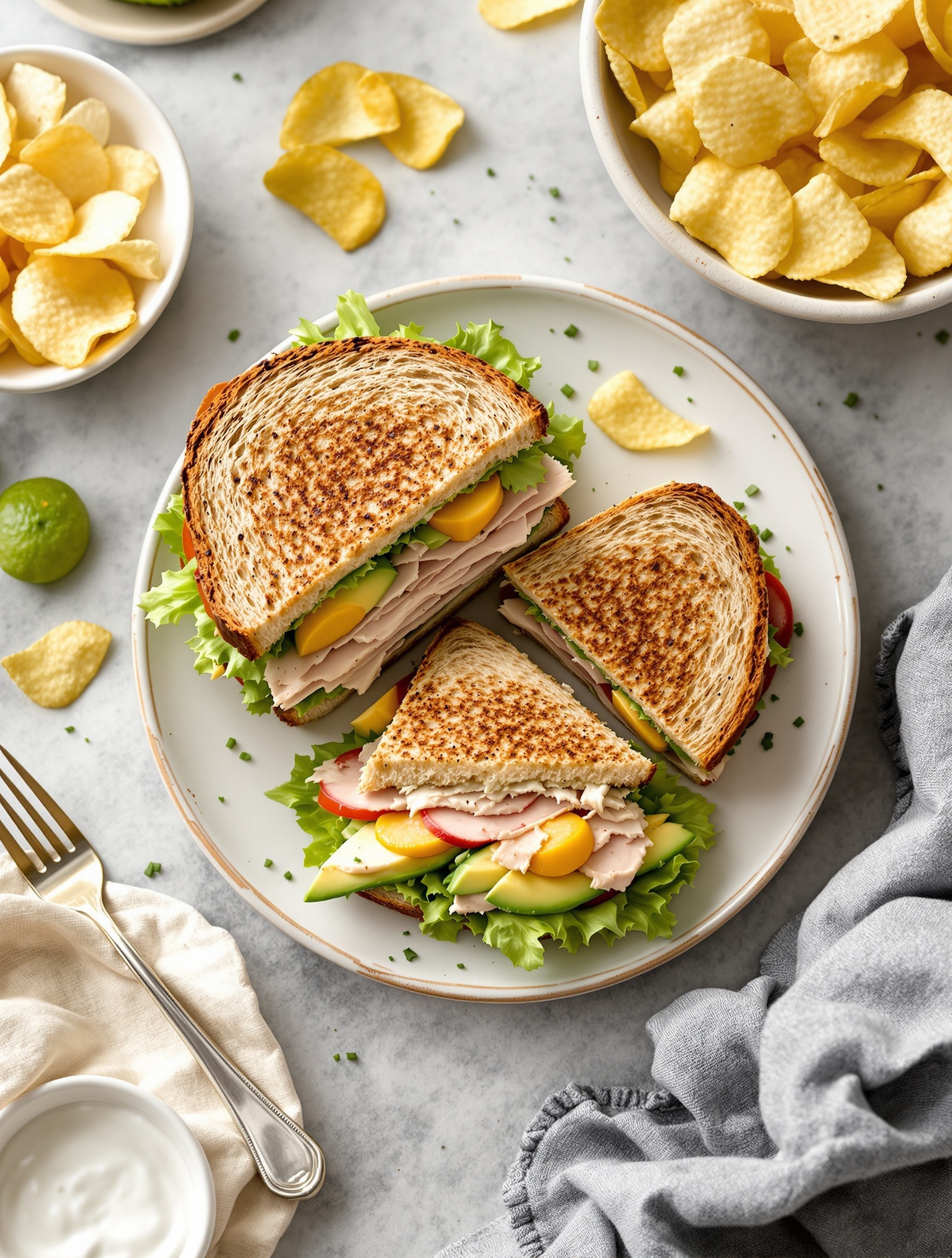 A delicious turkey and avocado sandwich served with chips on a plate.