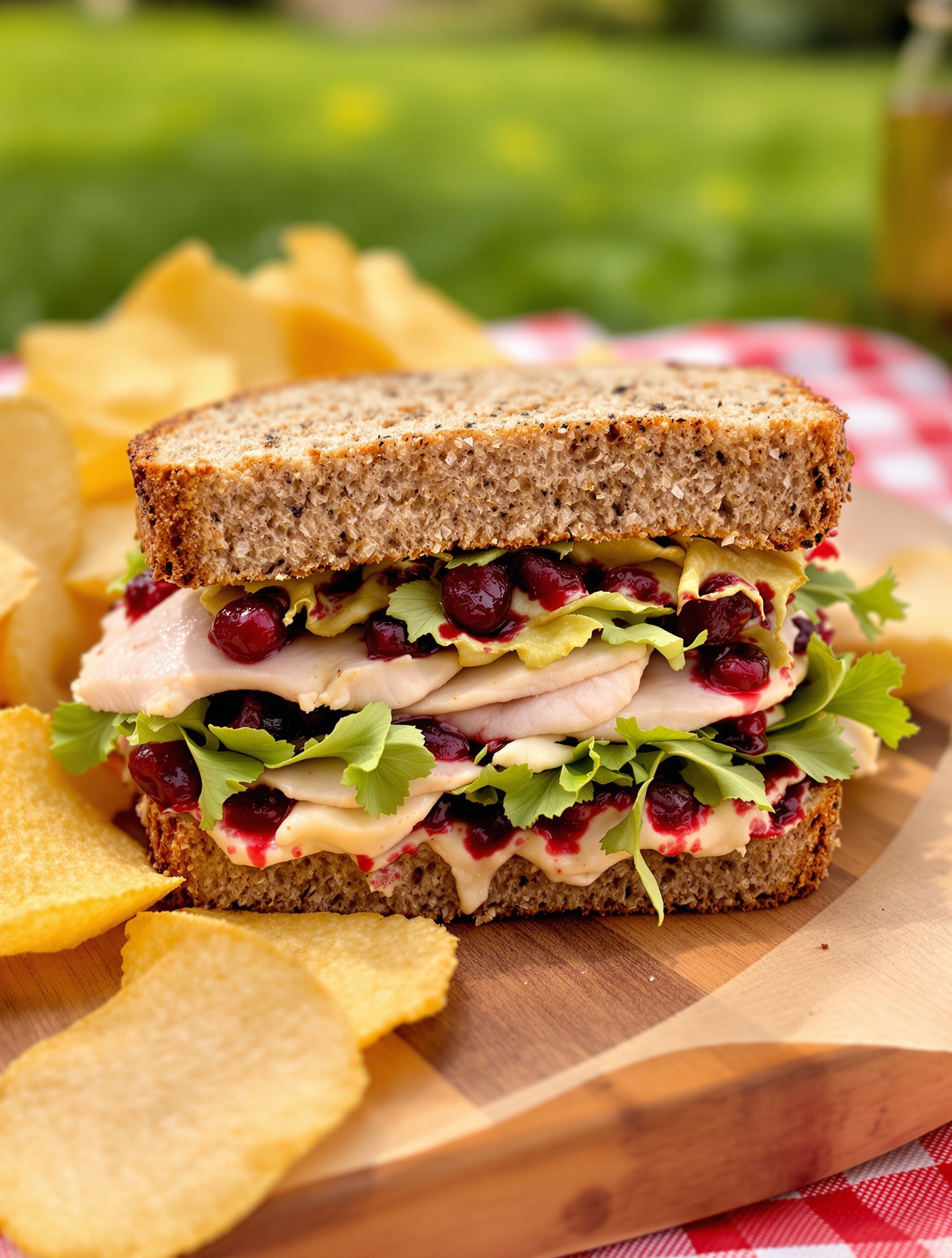 A turkey and cranberry sandwich with lettuce on whole grain bread, served with potato chips.