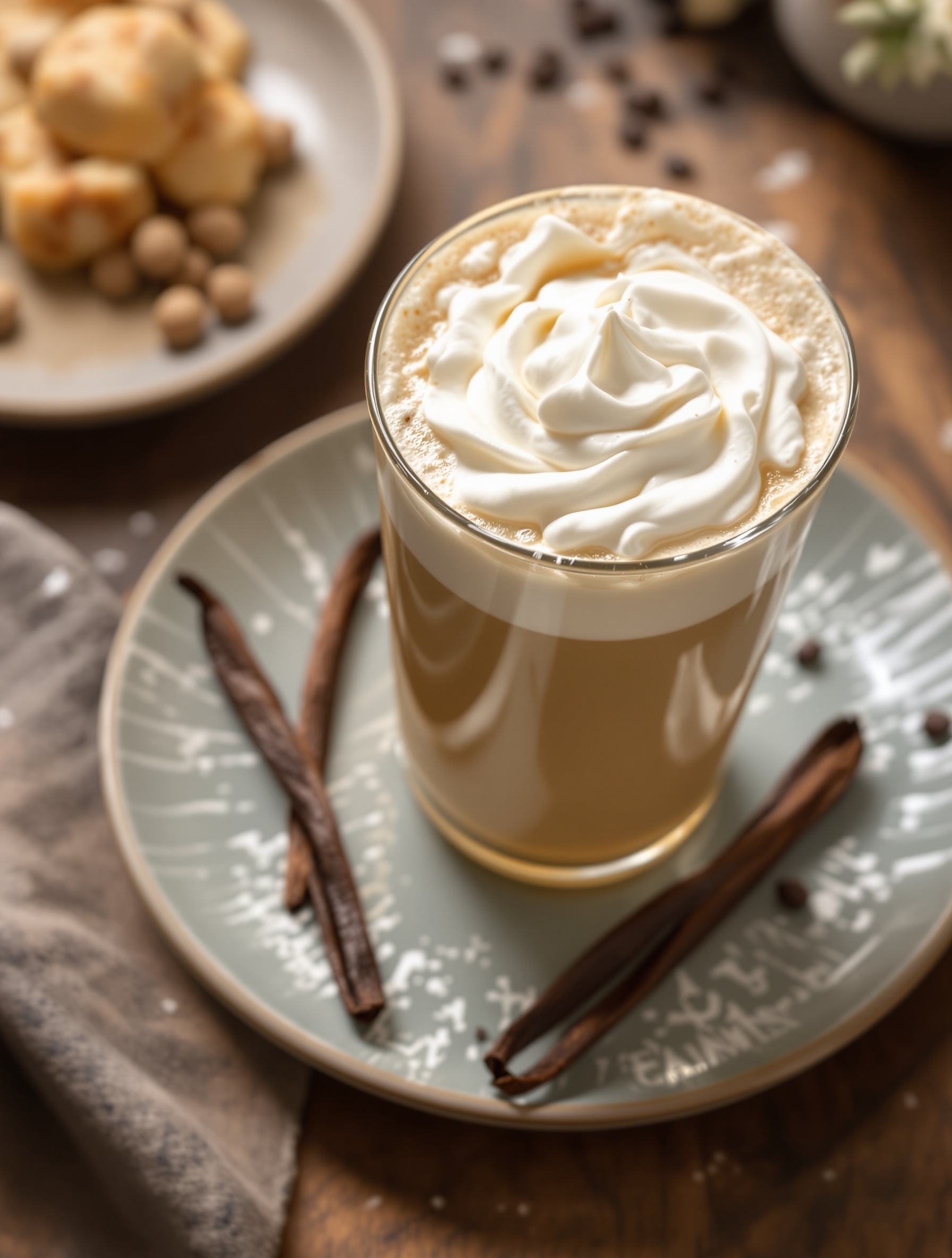 A glass of Vanilla Bean Iced Latte topped with whipped cream, surrounded by vanilla beans and coffee beans.
