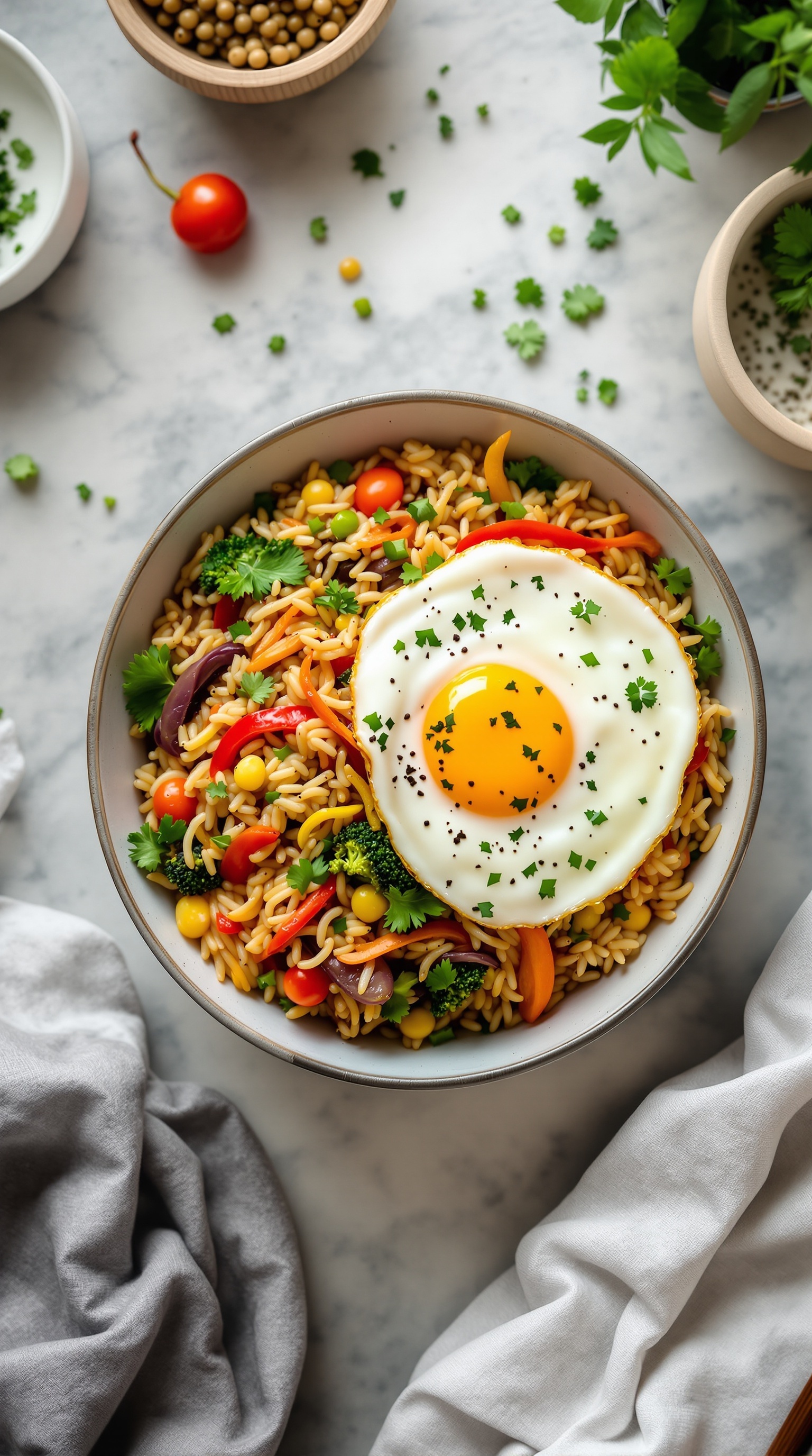 A bowl of vegetable fried rice topped with a fried egg, surrounded by fresh vegetables.