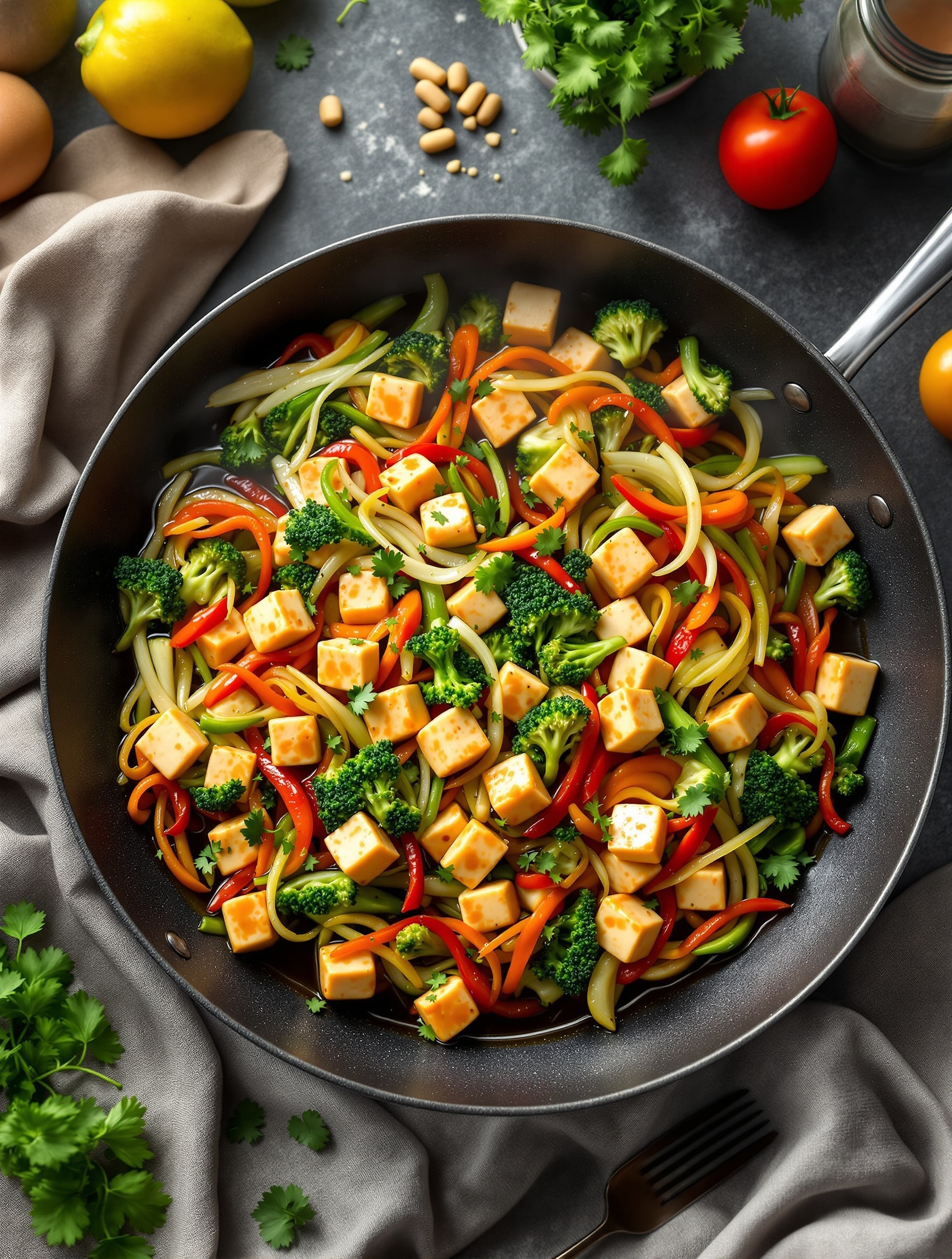 A colorful vegetable stir-fry with tofu in a skillet, featuring broccoli, bell peppers, and noodles.