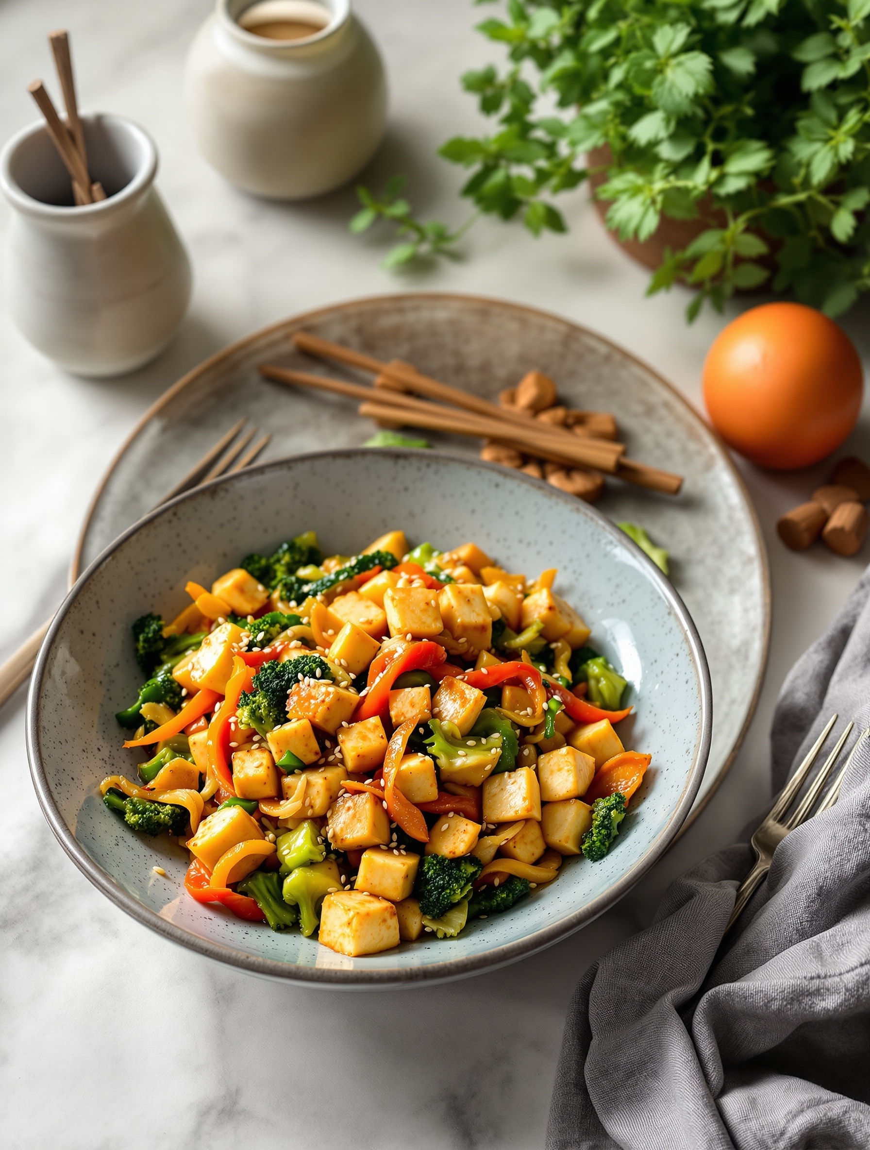 A bowl of vegetable stir-fry with tofu, featuring colorful bell peppers, broccoli, and sesame seeds, served with chopsticks.