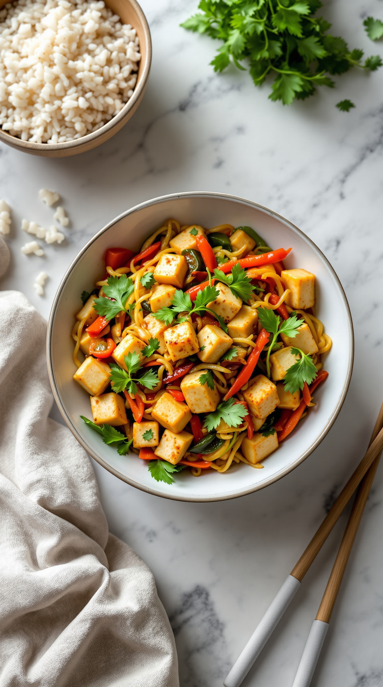 A colorful vegetable stir-fry with tofu, served in a bowl with noodles and garnished with cilantro.