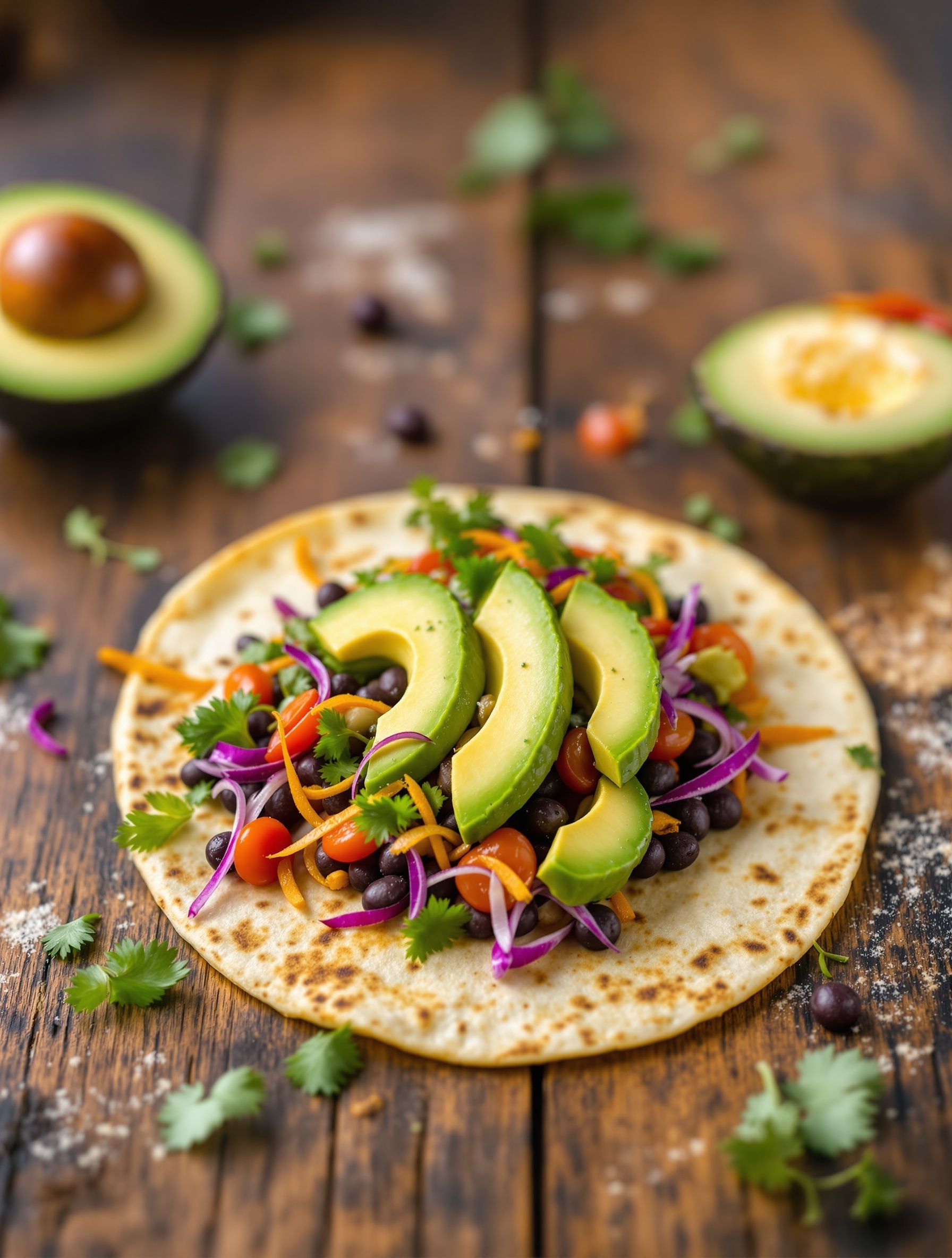 Vegetarian black bean tacos with avocado on a wooden table