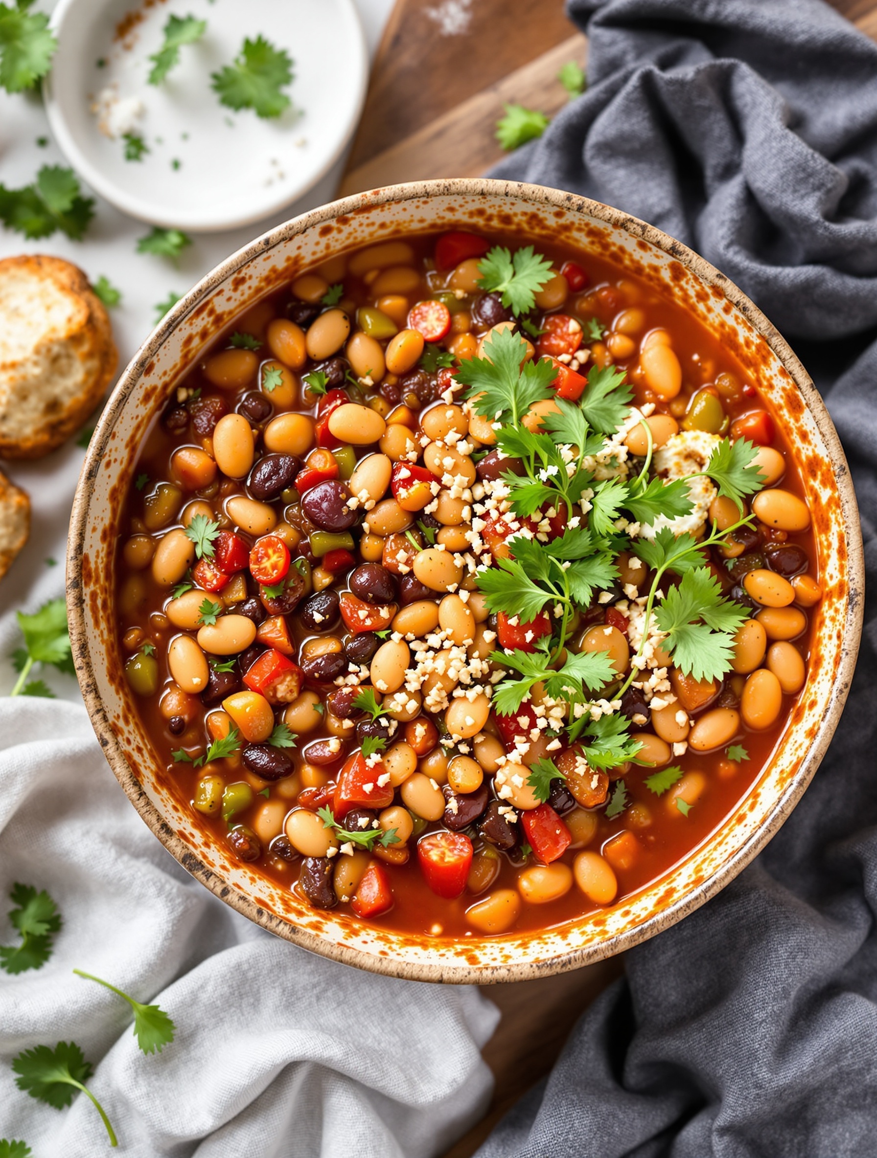 A bowl of vegetarian chili topped with cilantro and served with bread on the side.