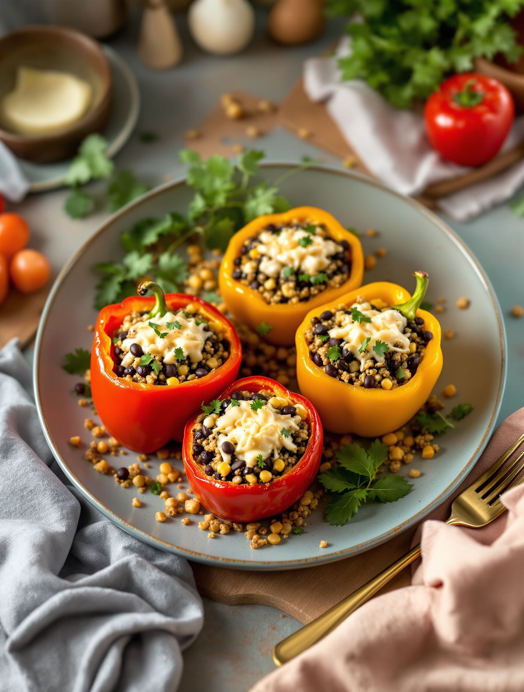 Vegetarian stuffed bell peppers filled with grains and beans, garnished with cheese and cilantro.