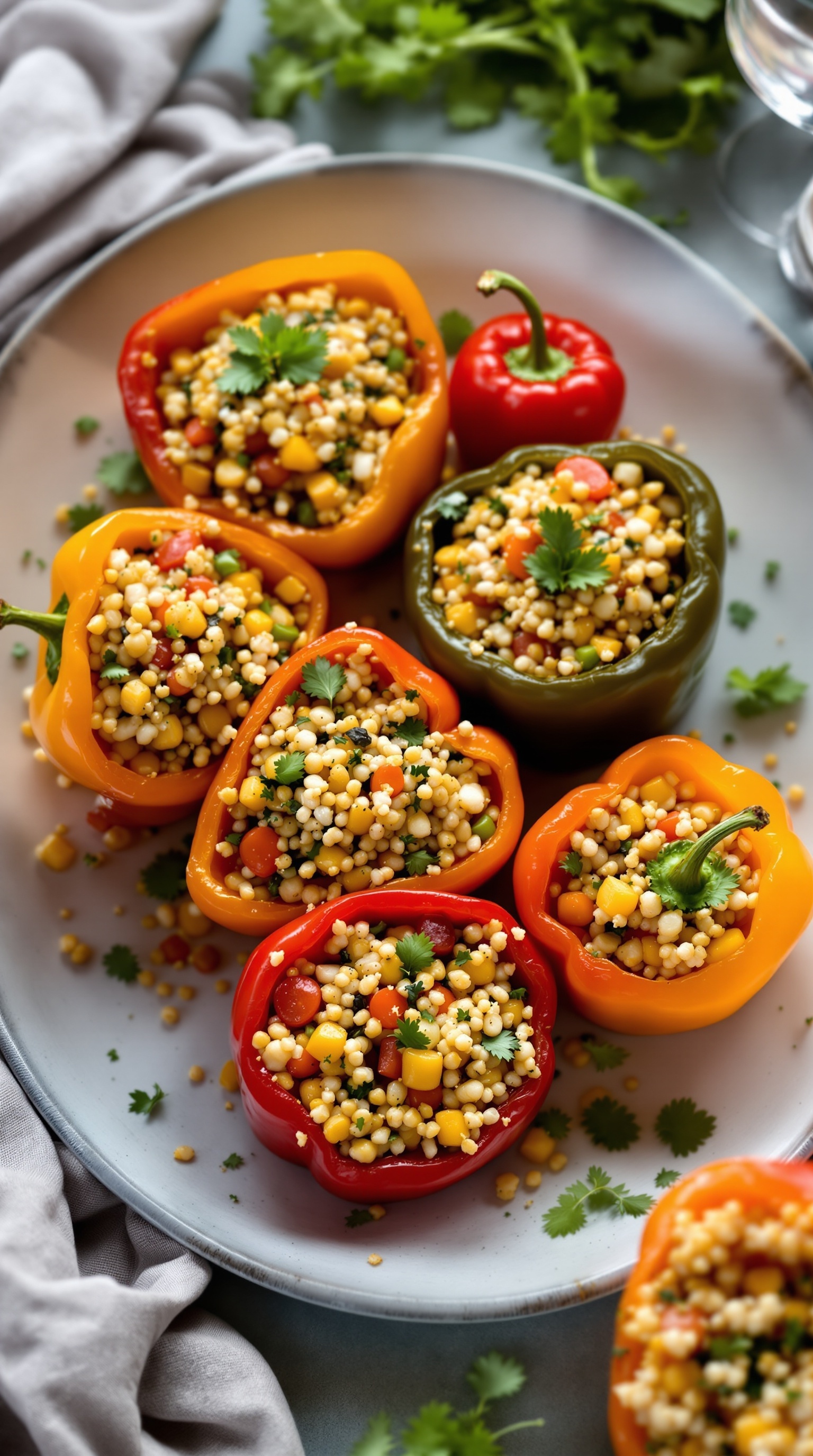 Colorful vegetarian stuffed bell peppers filled with grains and vegetables on a plate.