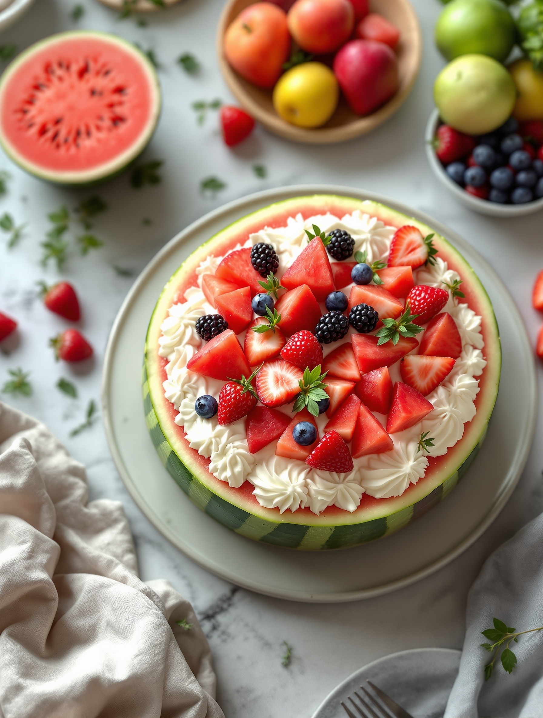 A vibrant watermelon cake topped with cream cheese frosting and fresh berries, surrounded by fruits on a marble surface.