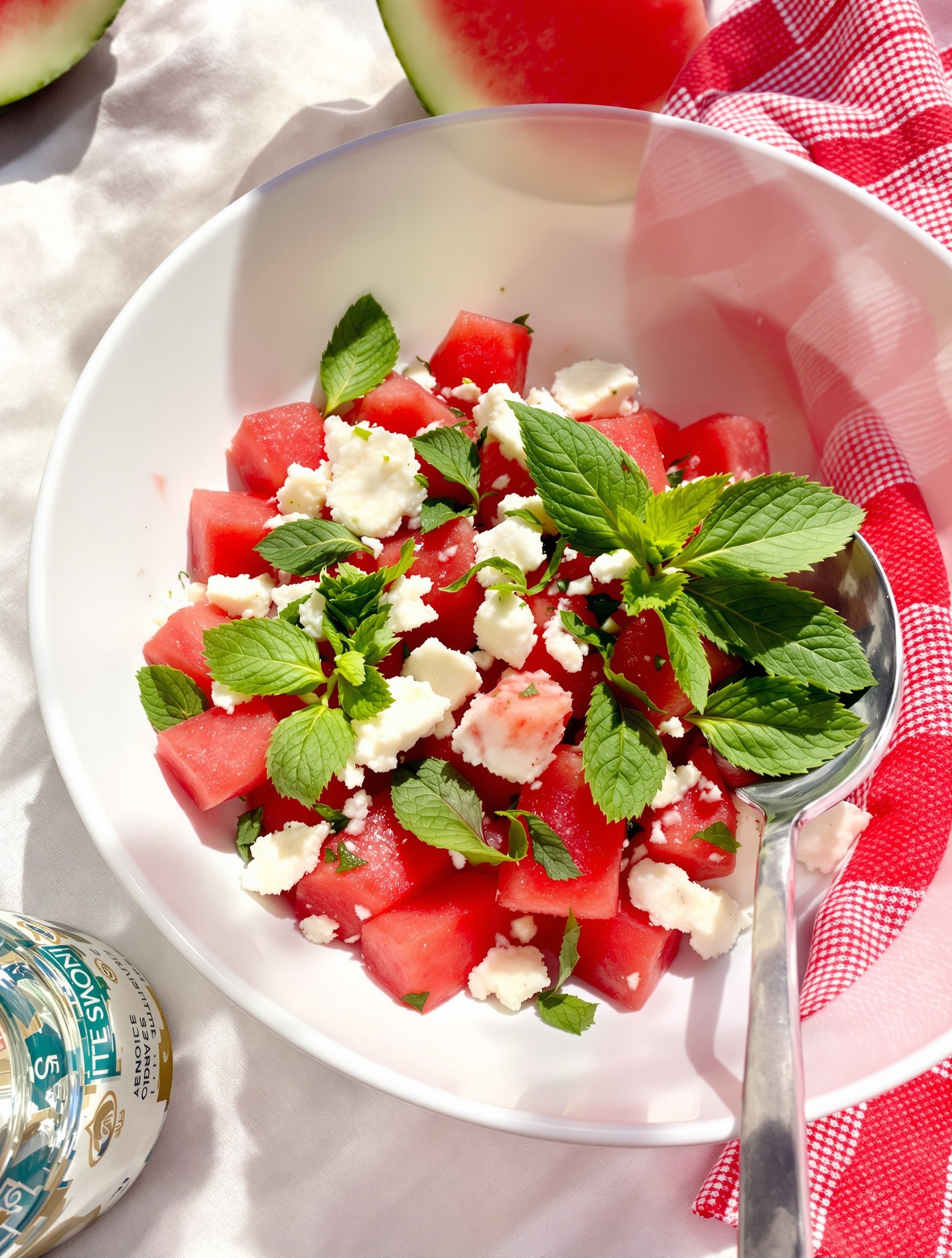 A bowl of watermelon feta salad garnished with mint leaves, with a watermelon slice in the background.