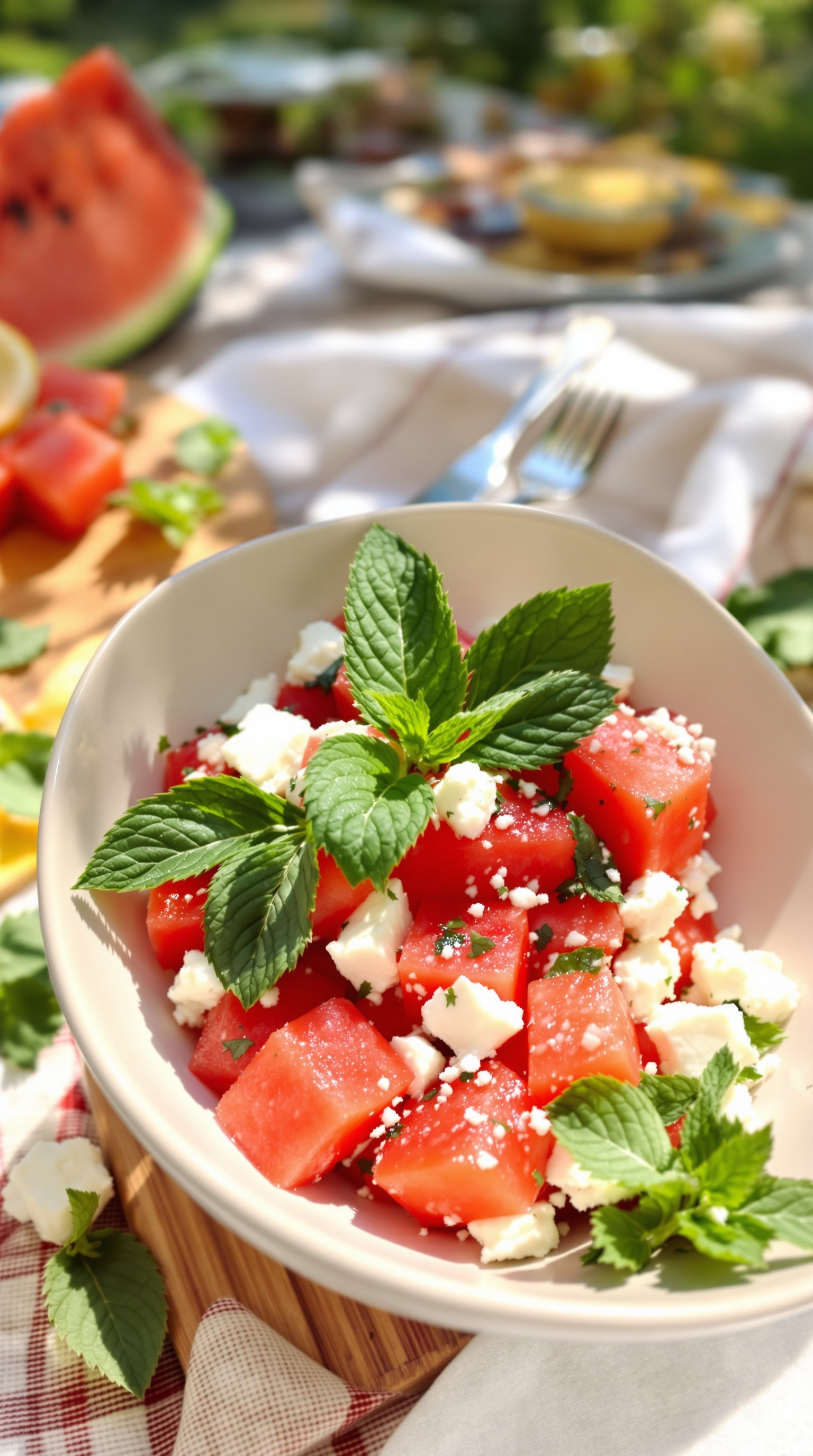 A bowl of watermelon feta salad with mint leaves on top, surrounded by fresh ingredients.