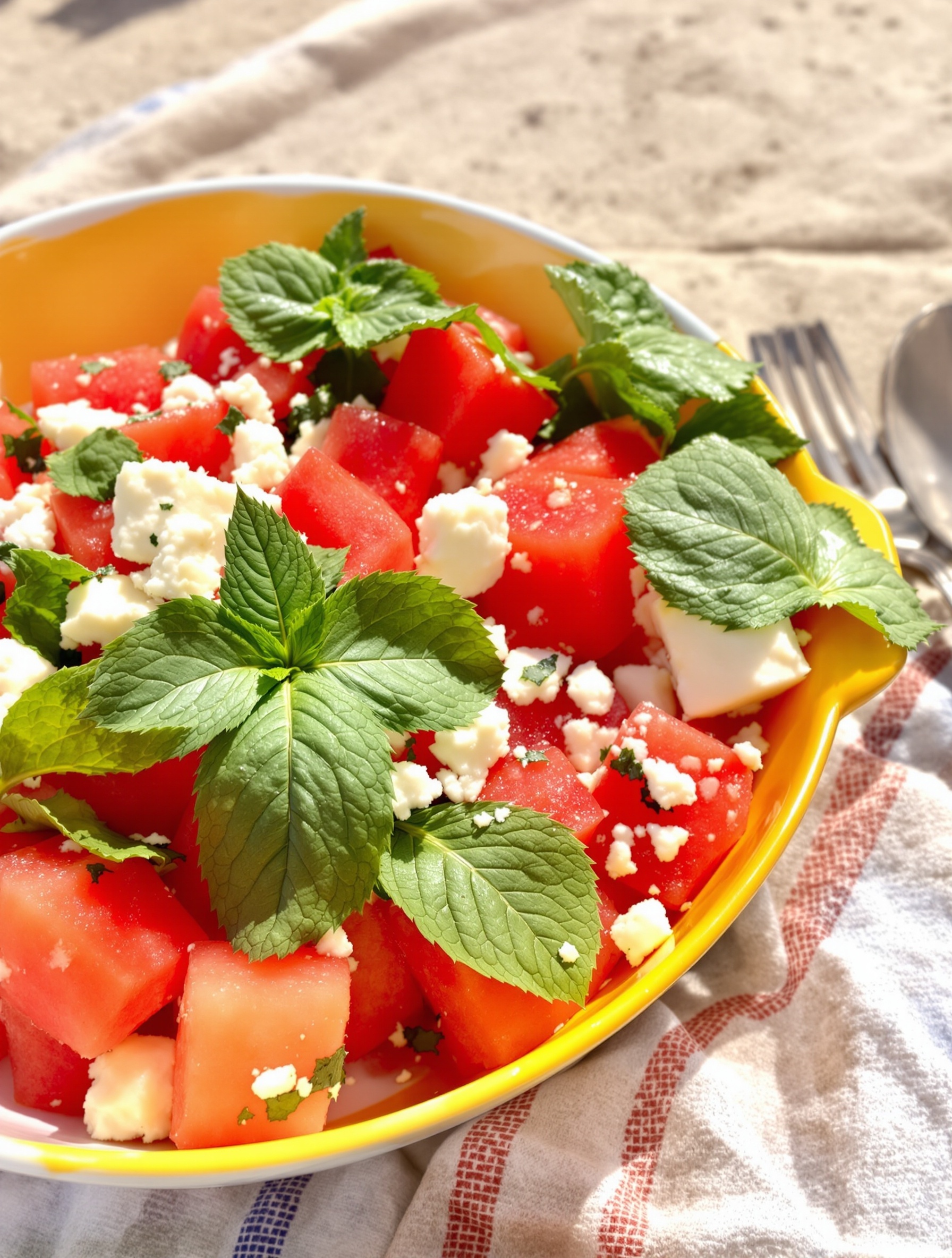 A vibrant watermelon feta salad with mint leaves in a yellow bowl.