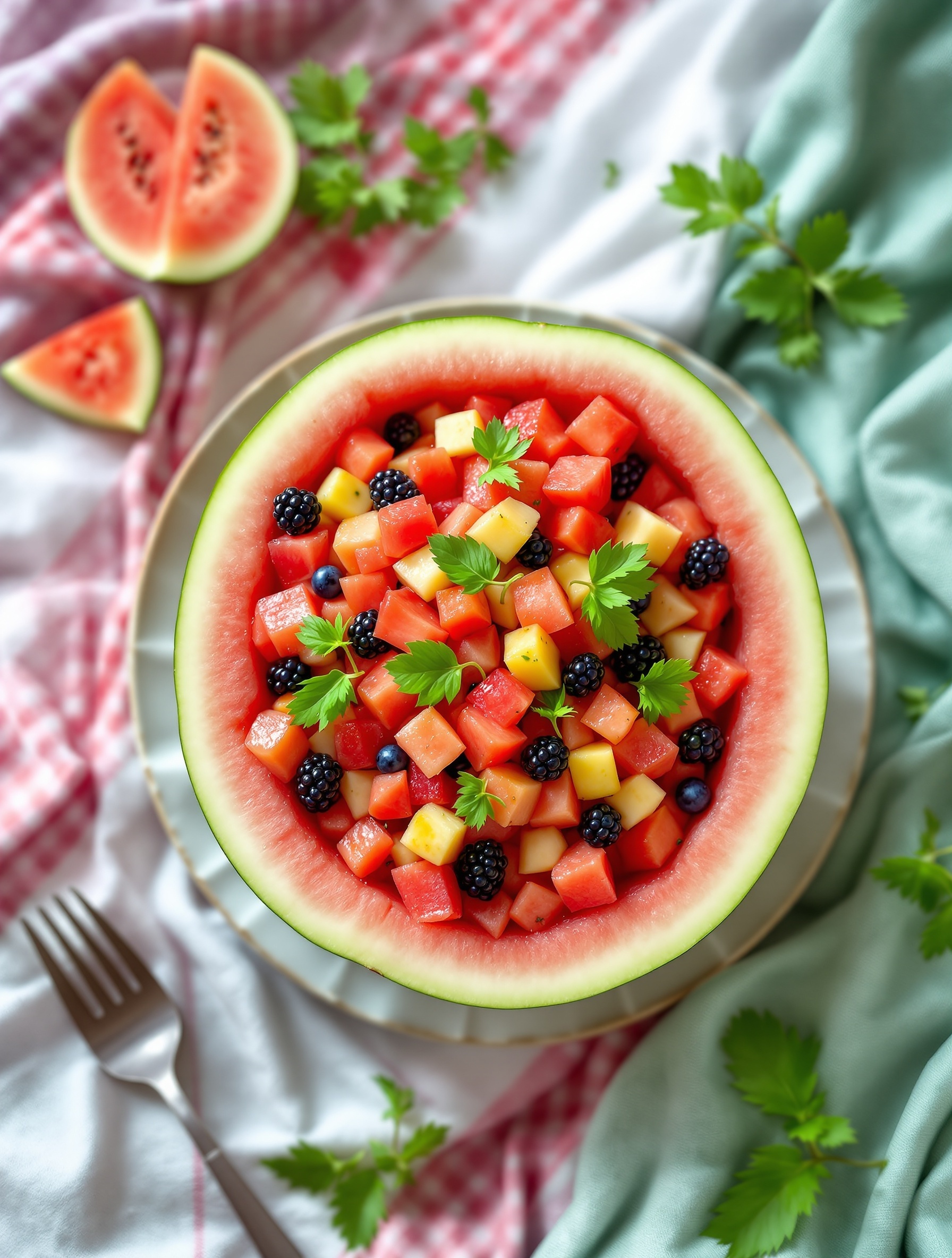 A vibrant watermelon fruit salad served in a hollowed-out watermelon rind, featuring chunks of watermelon, cantaloupe, honeydew, blueberries, and blackberries, garnished with fresh herbs.