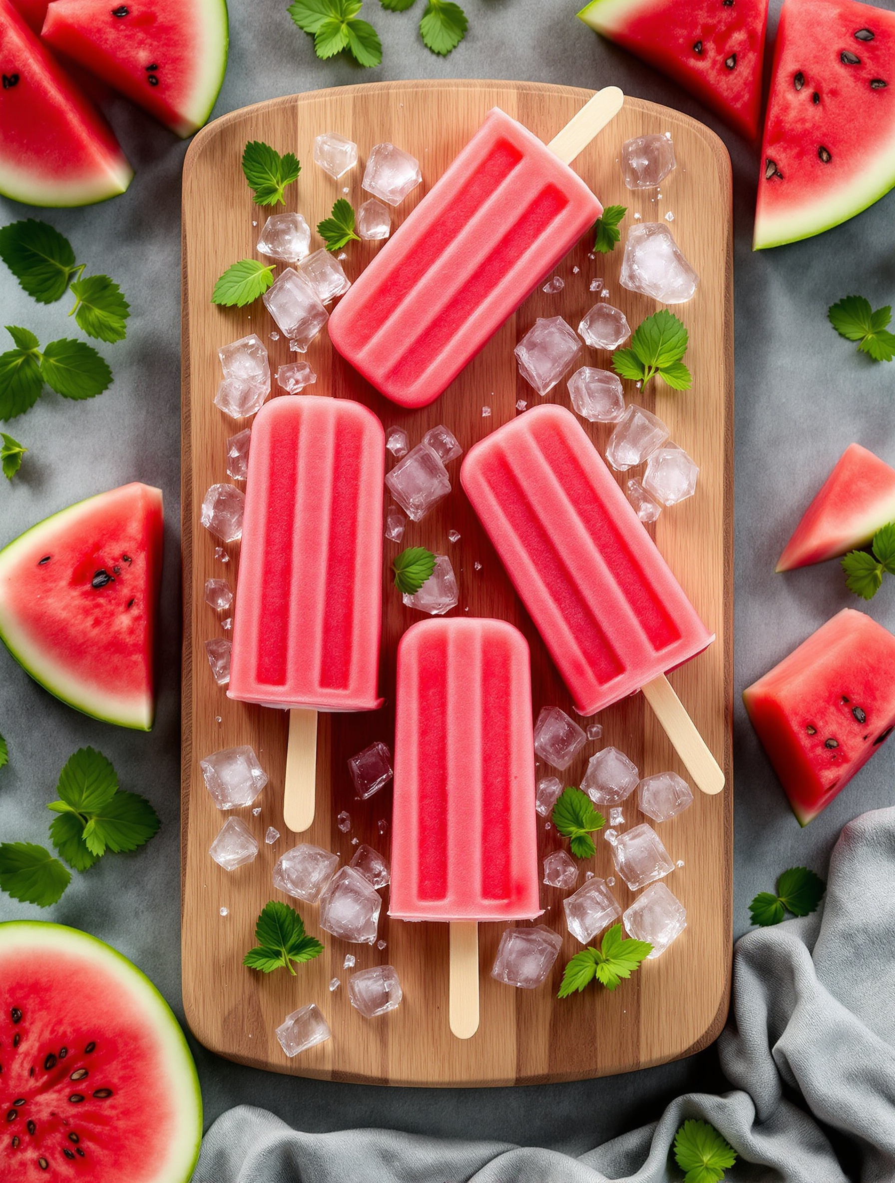 Watermelon sorbet popsicles on a wooden board surrounded by fresh watermelon and mint leaves.