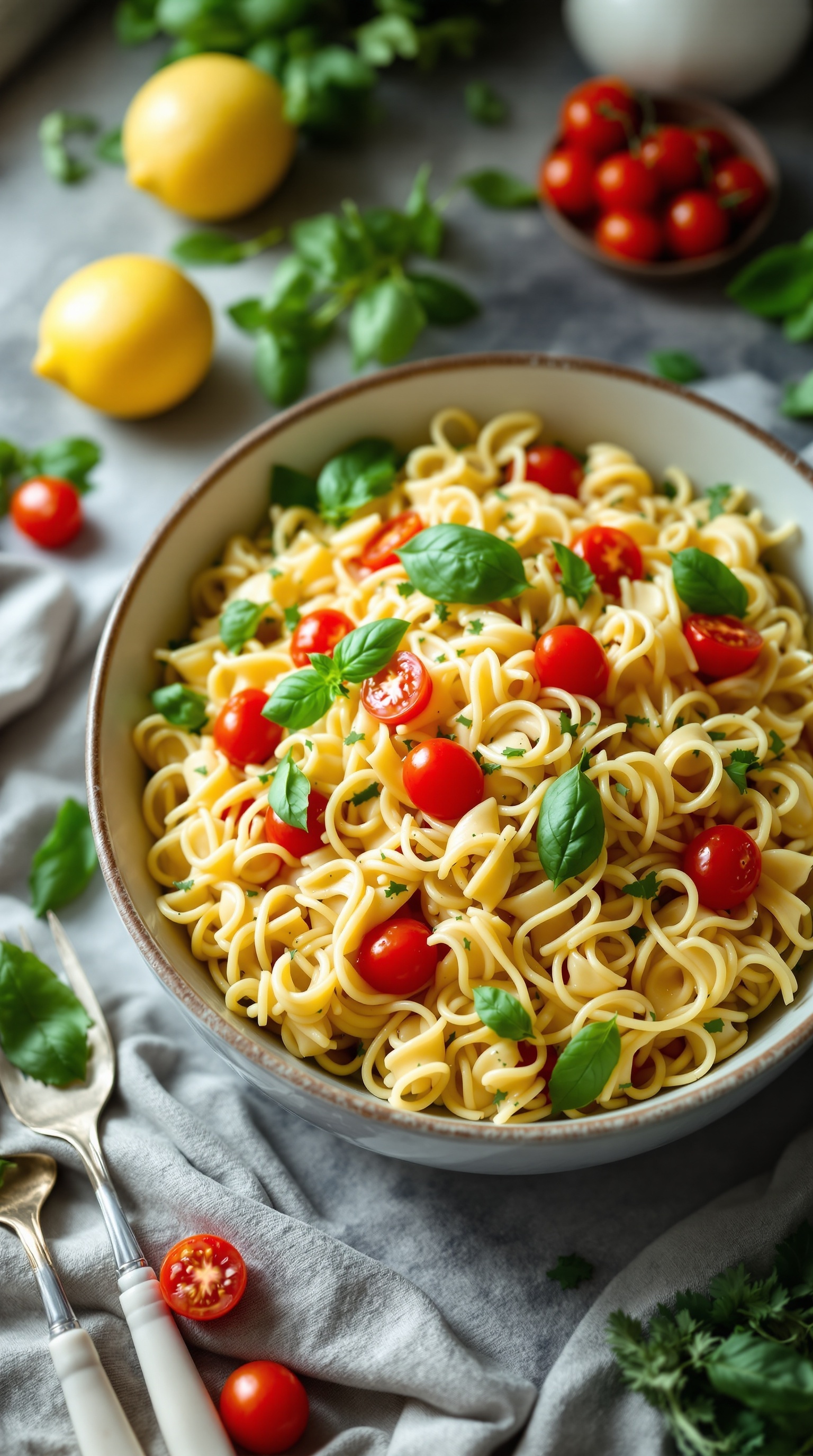 A bowl of Zesty Lemon Garlic Pasta Salad with cherry tomatoes and basil