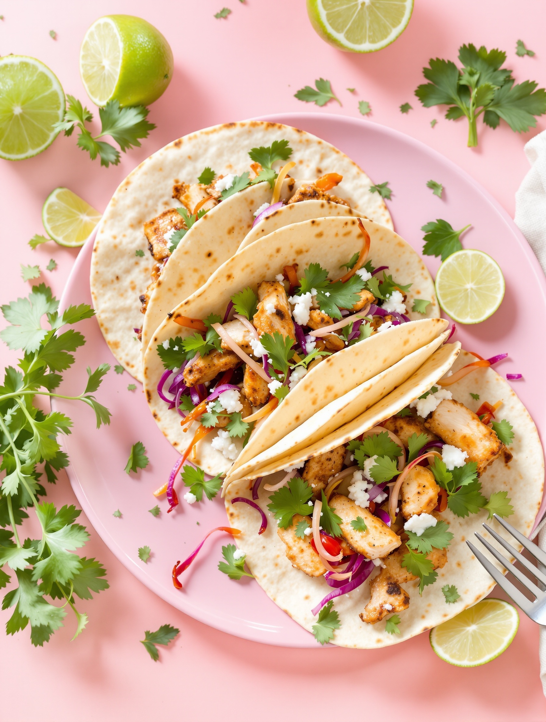 Zesty Lime and Cilantro Chicken Tacos on a pink plate with lime wedges and cilantro