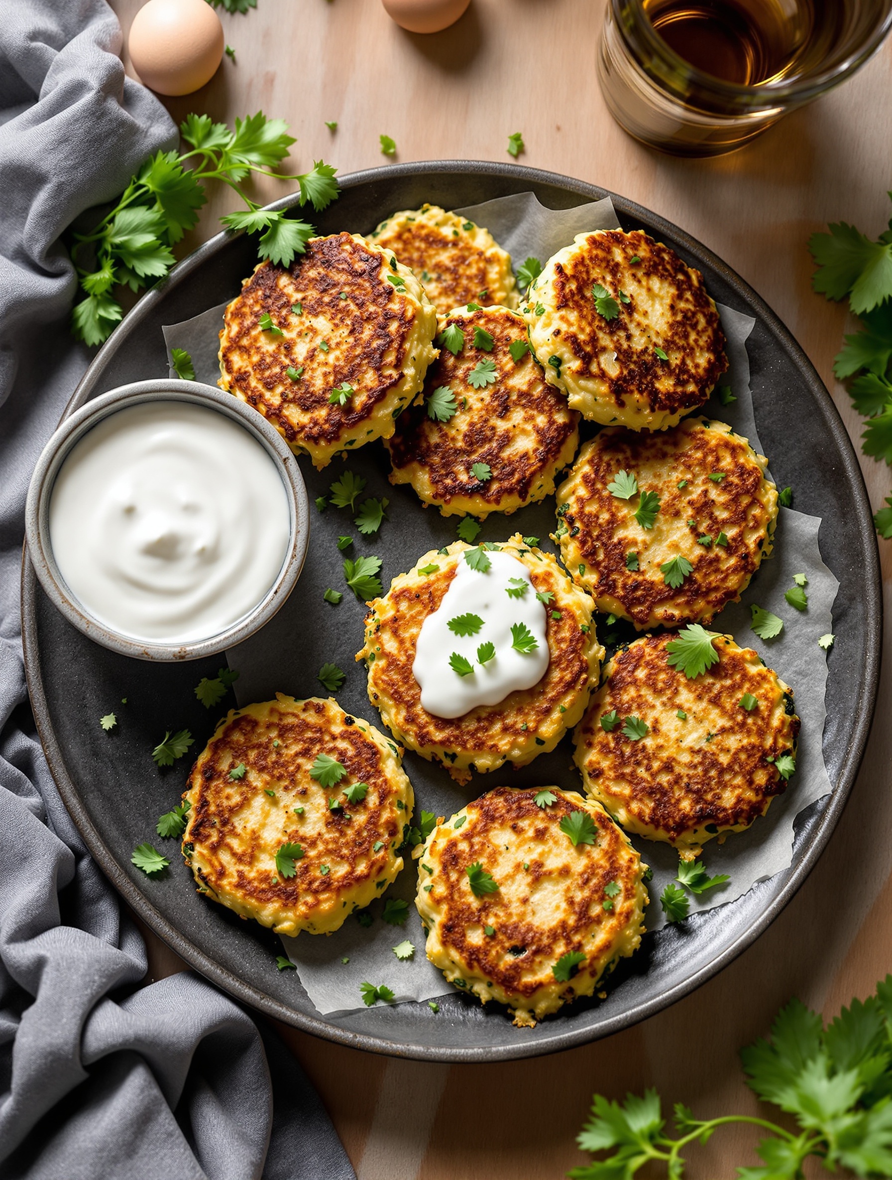 A plate of golden zucchini fritters topped with yogurt and cilantro, served with eggs and a glass of oil in the background.