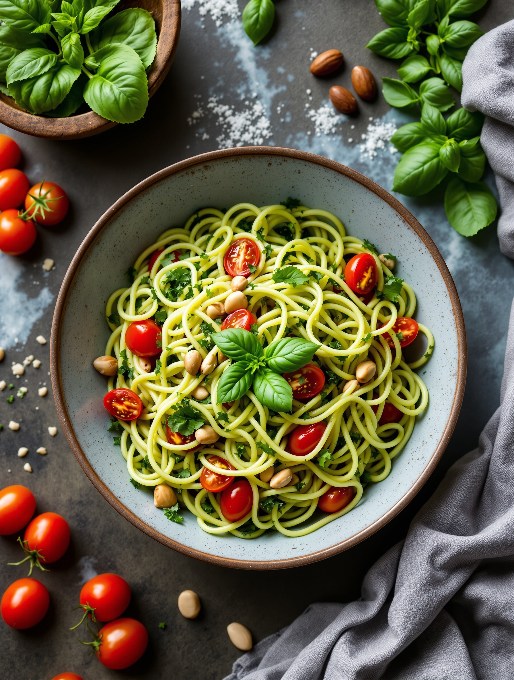 A bowl of zucchini noodles with pesto, cherry tomatoes, and almonds, garnished with fresh basil.