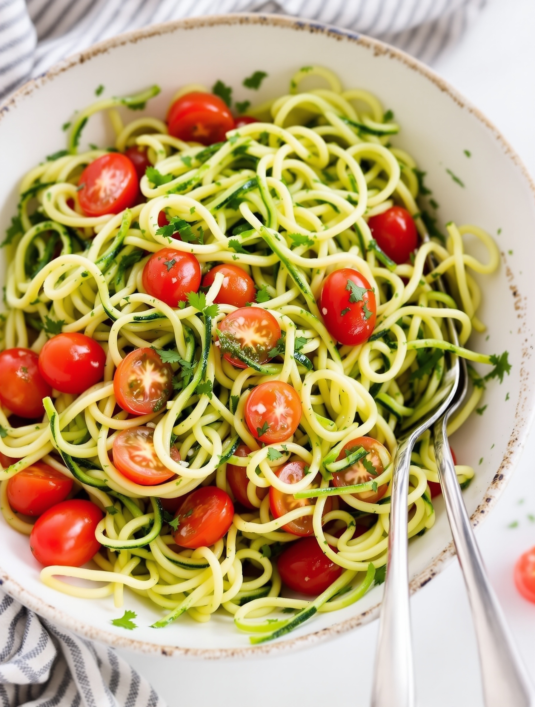 A bowl of zucchini noodle salad with cherry tomatoes and pesto