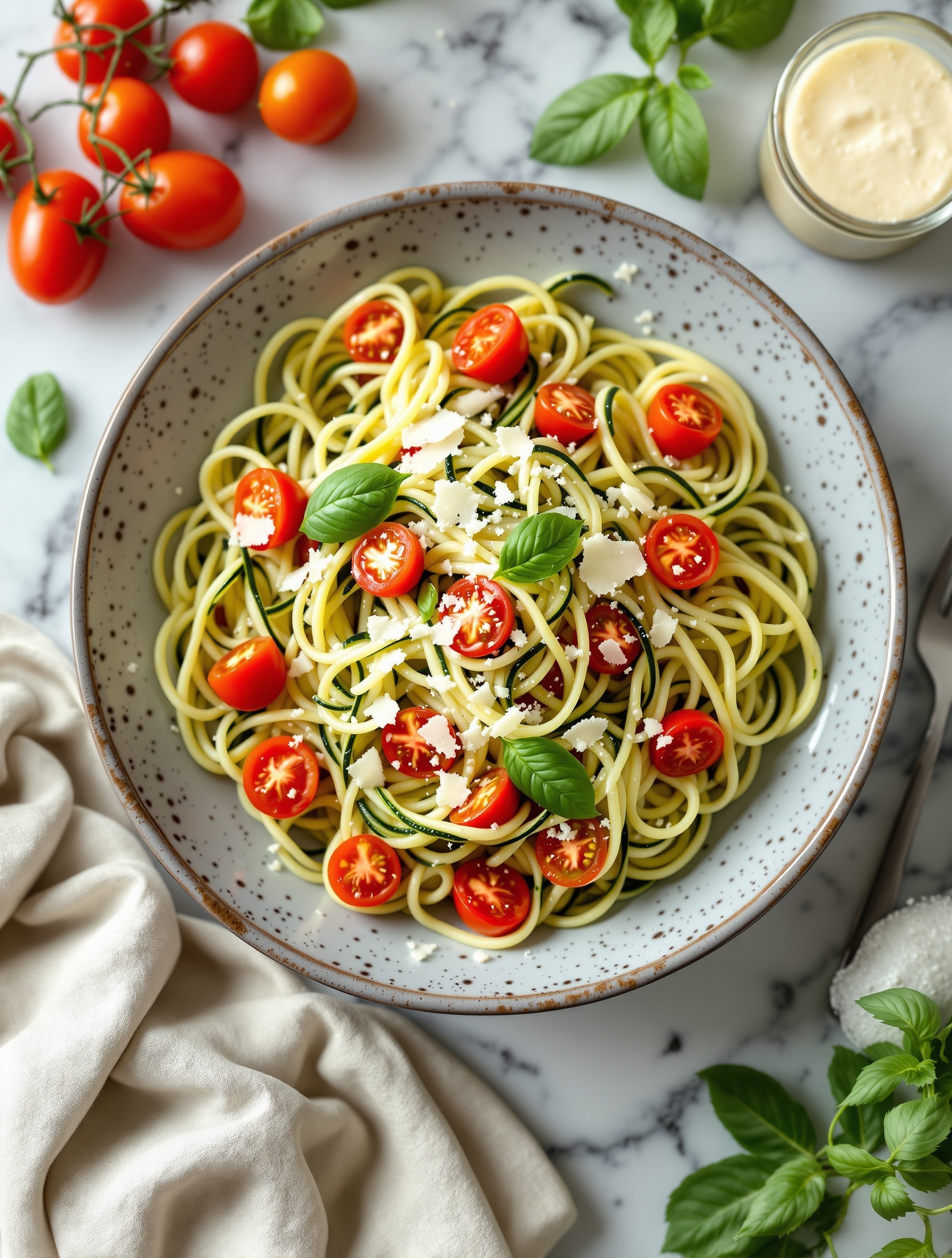 A bowl of zucchini noodles topped with cherry tomatoes and basil, showcasing a fresh and colorful dish.