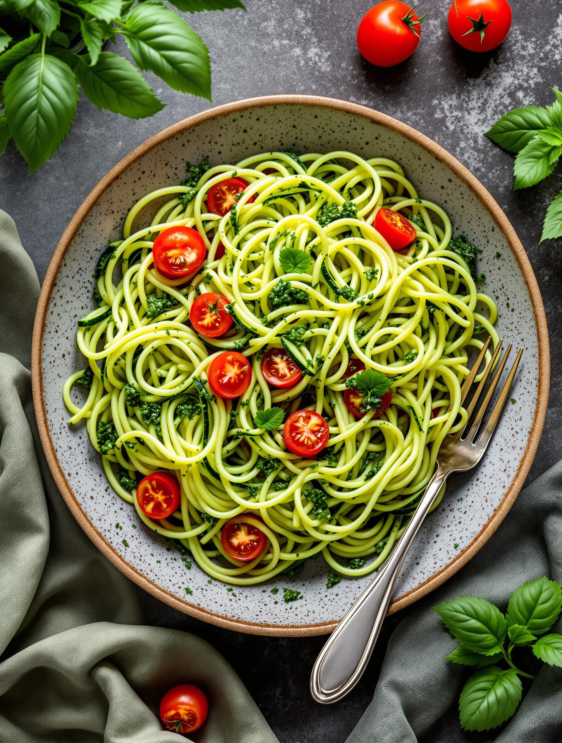 A bowl of zucchini noodles topped with pesto and cherry tomatoes, garnished with fresh basil.