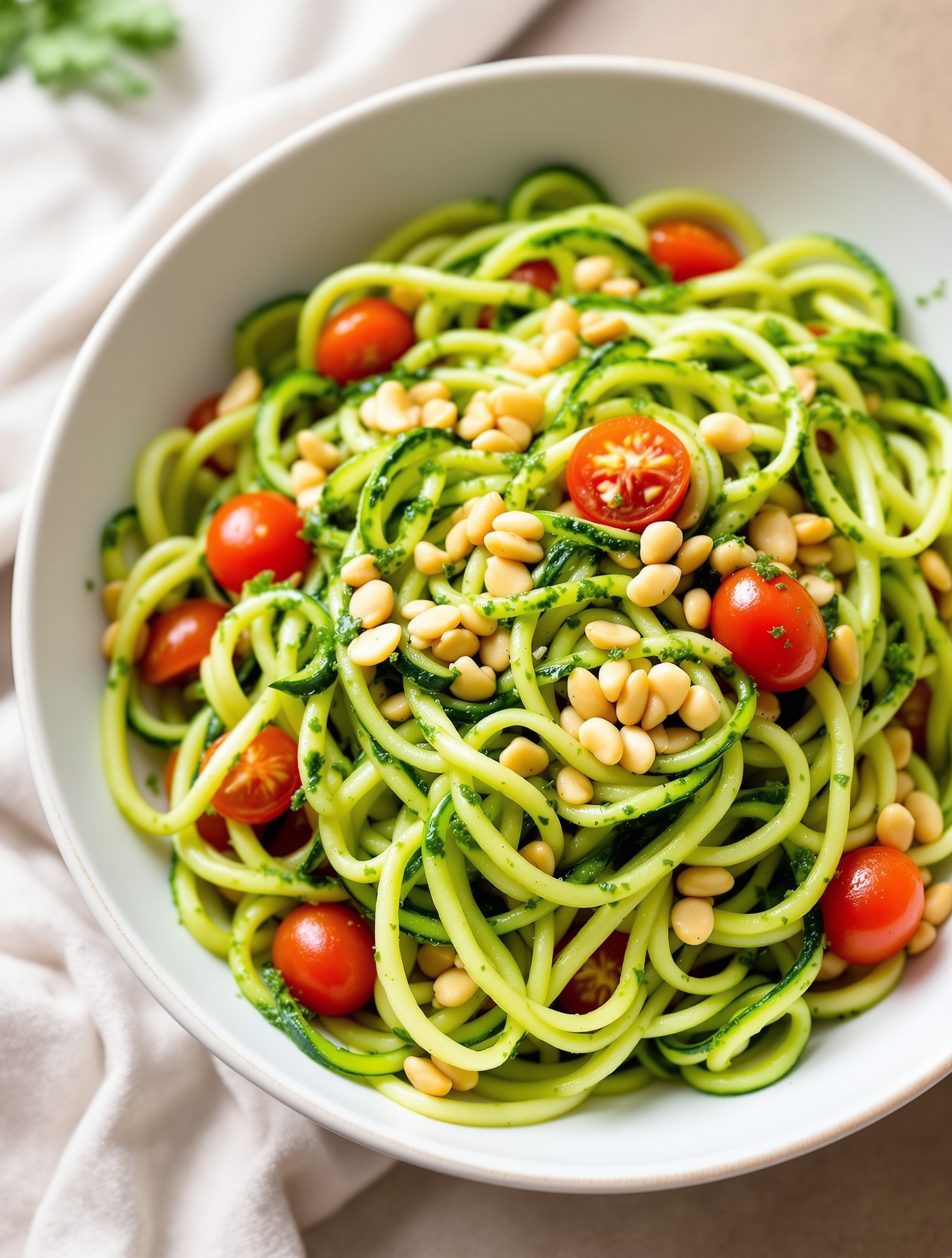 A bowl of zucchini noodles with pesto, cherry tomatoes, and pine nuts.