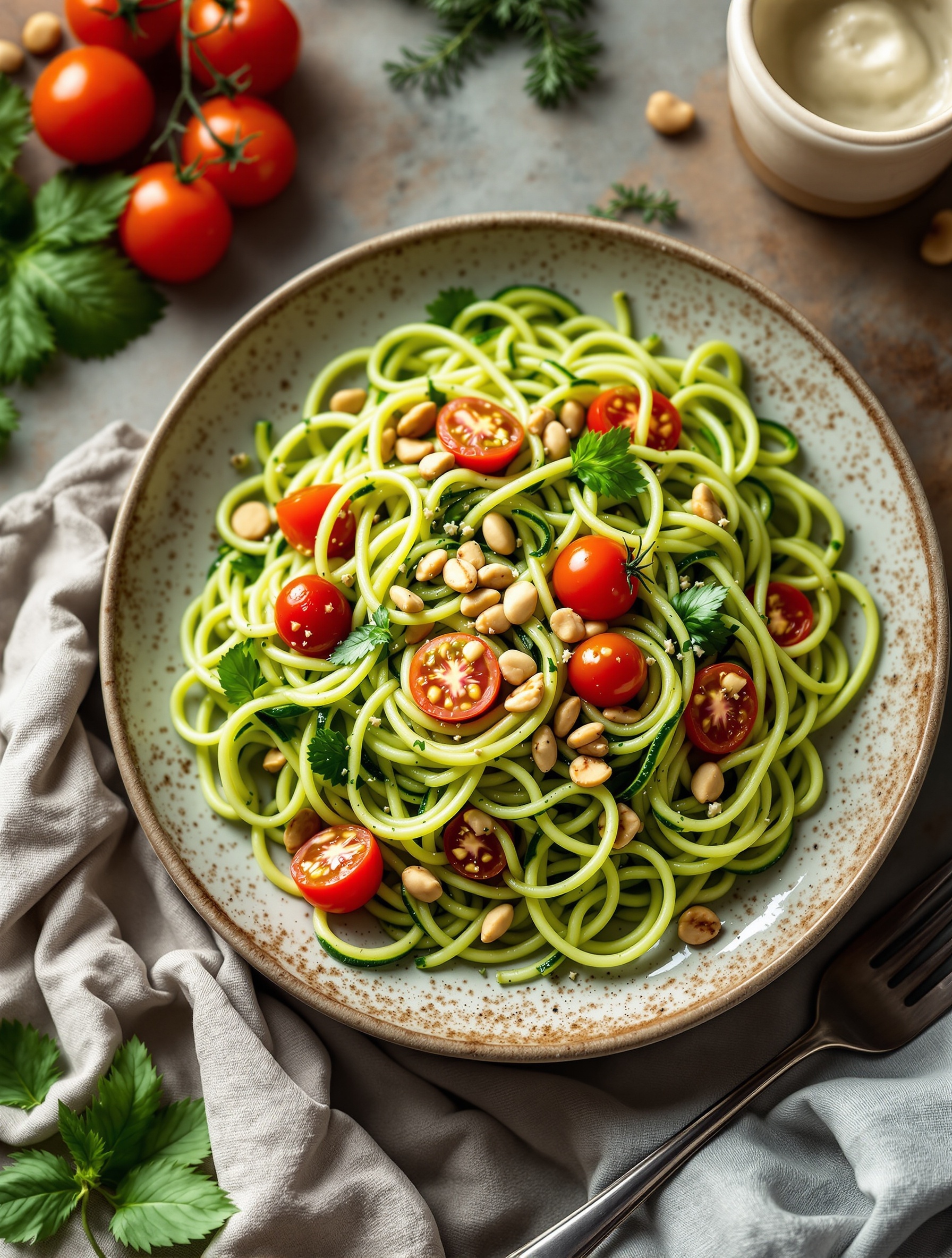 A plate of zucchini noodles with pesto, cherry tomatoes, and peanuts, garnished with fresh herbs.