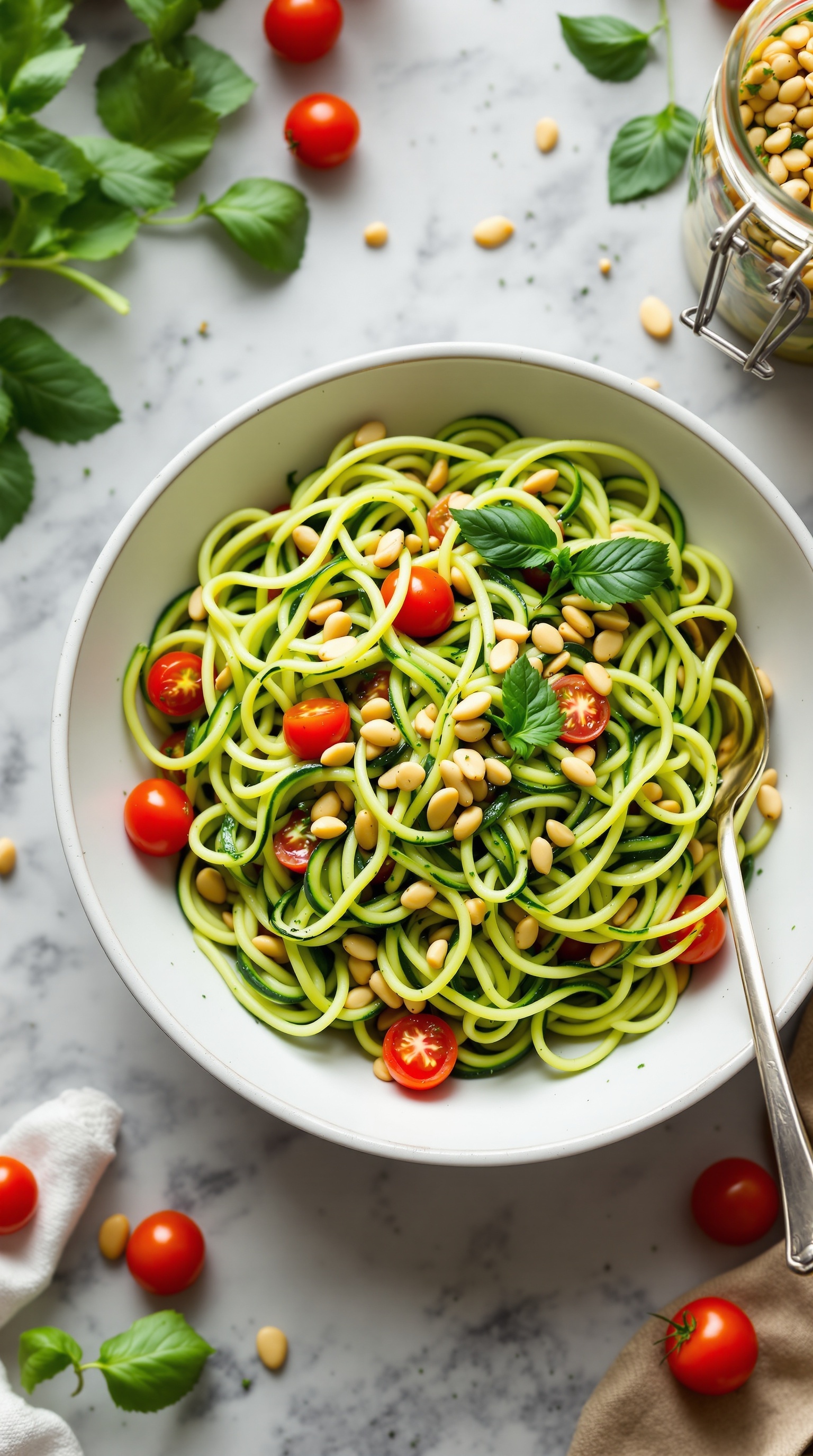 A bowl of zucchini noodles with pesto, cherry tomatoes, and pine nuts, garnished with fresh basil.