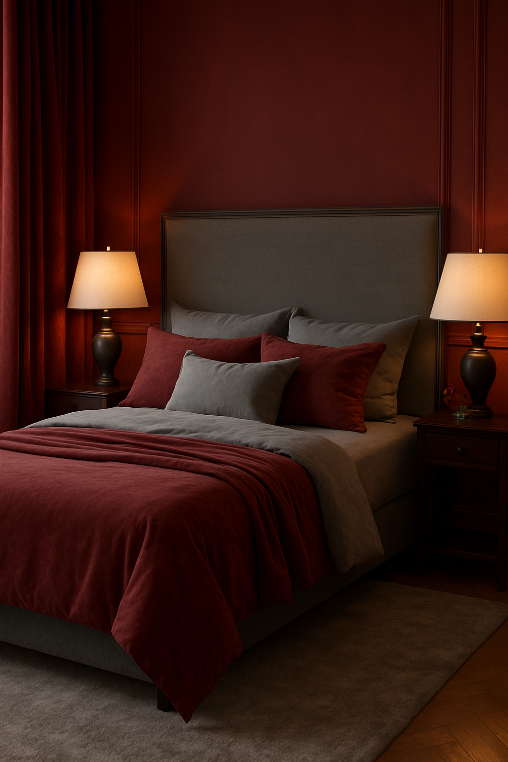 A romantic moody bedroom featuring deep red walls, gray bedding, and warm lighting.