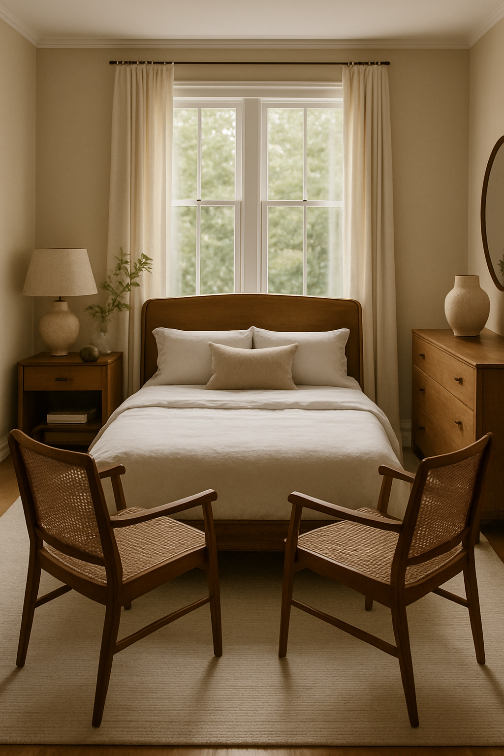 A cozy bedroom featuring a bed, two chairs, and warm lighting.