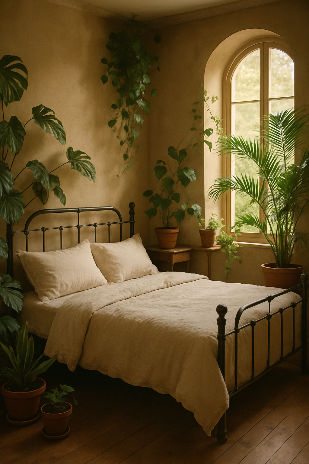 A cozy bedroom with a bed, soft bedding, and various indoor plants near a window.