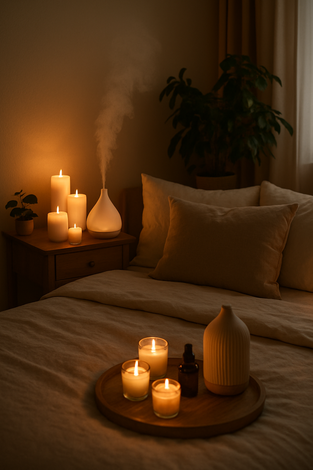 A cozy bedroom with candles and a diffuser, creating a romantic atmosphere.