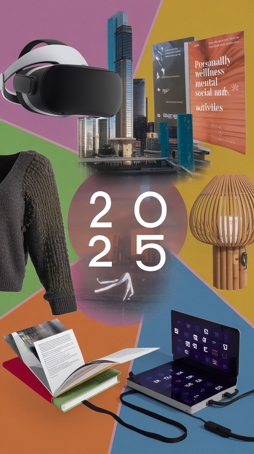 A collage representing creative niches for 2025, featuring virtual reality, sustainable fashion, wellness materials, and smart home technology.