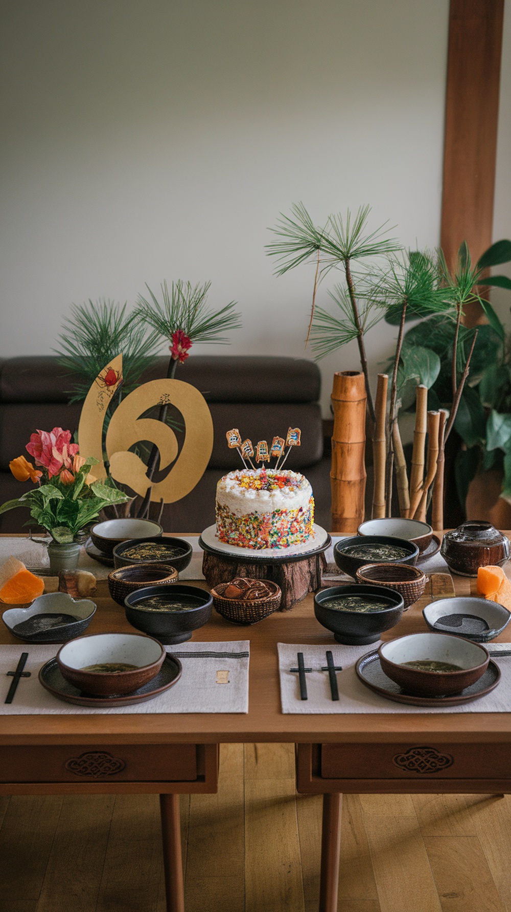 A beautifully arranged table for a 60th birthday celebration featuring a colorful cake, seaweed soup, and traditional decorations.