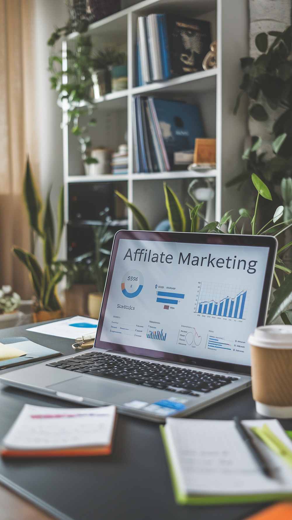 A laptop displaying affiliate marketing statistics and graphs on a desk with plants and a coffee cup.