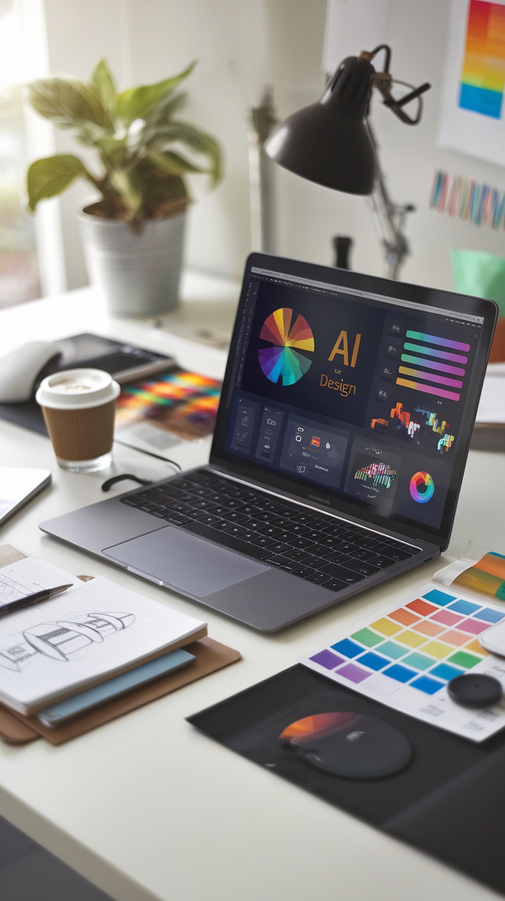 A workspace featuring a laptop with AI design software, color palettes, and sketches.