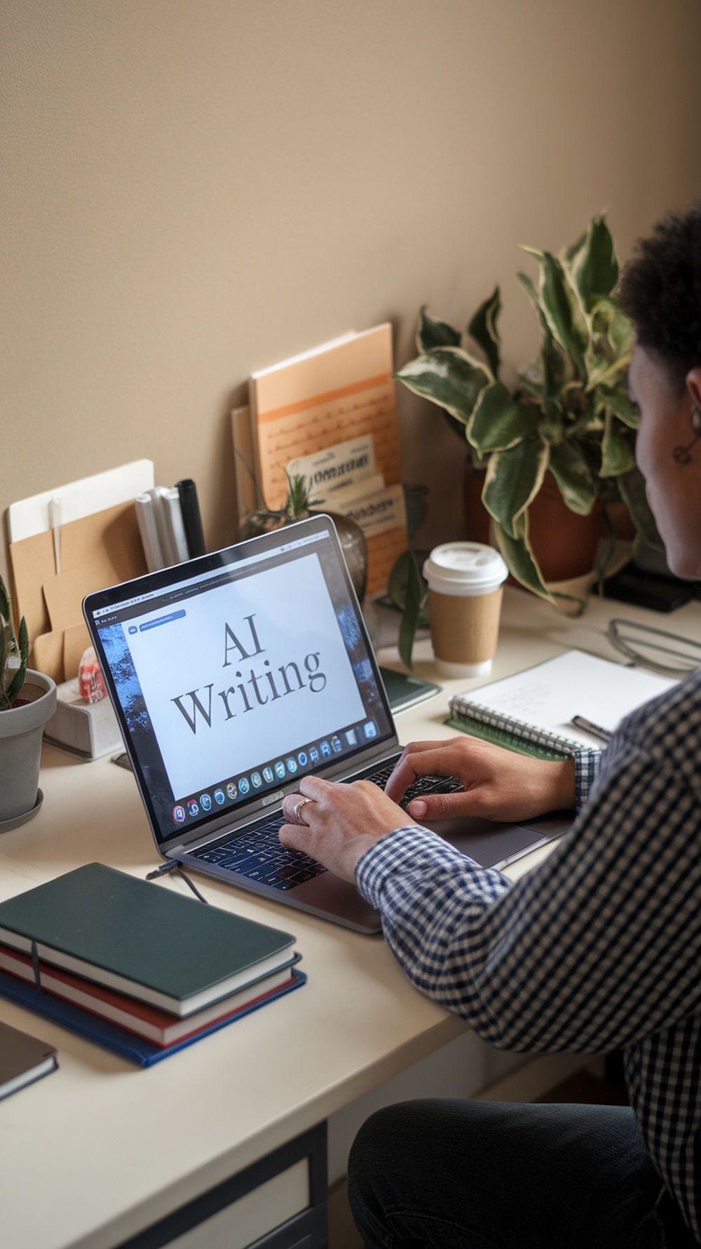 A person using a laptop with 'AI Writing' displayed on the screen, surrounded by notebooks and plants.