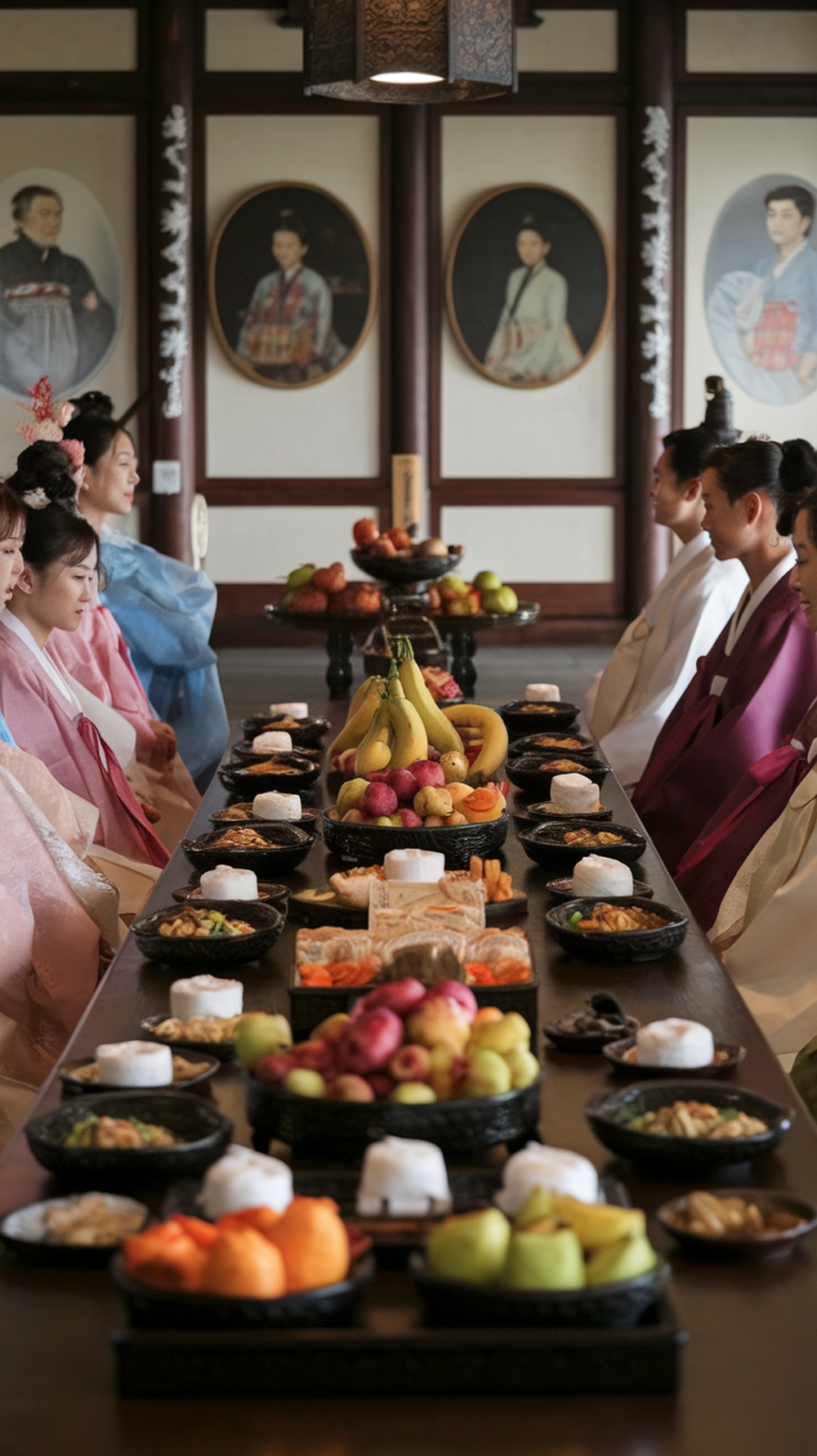 A traditional Charye setup with family members in traditional attire, surrounded by a variety of foods.