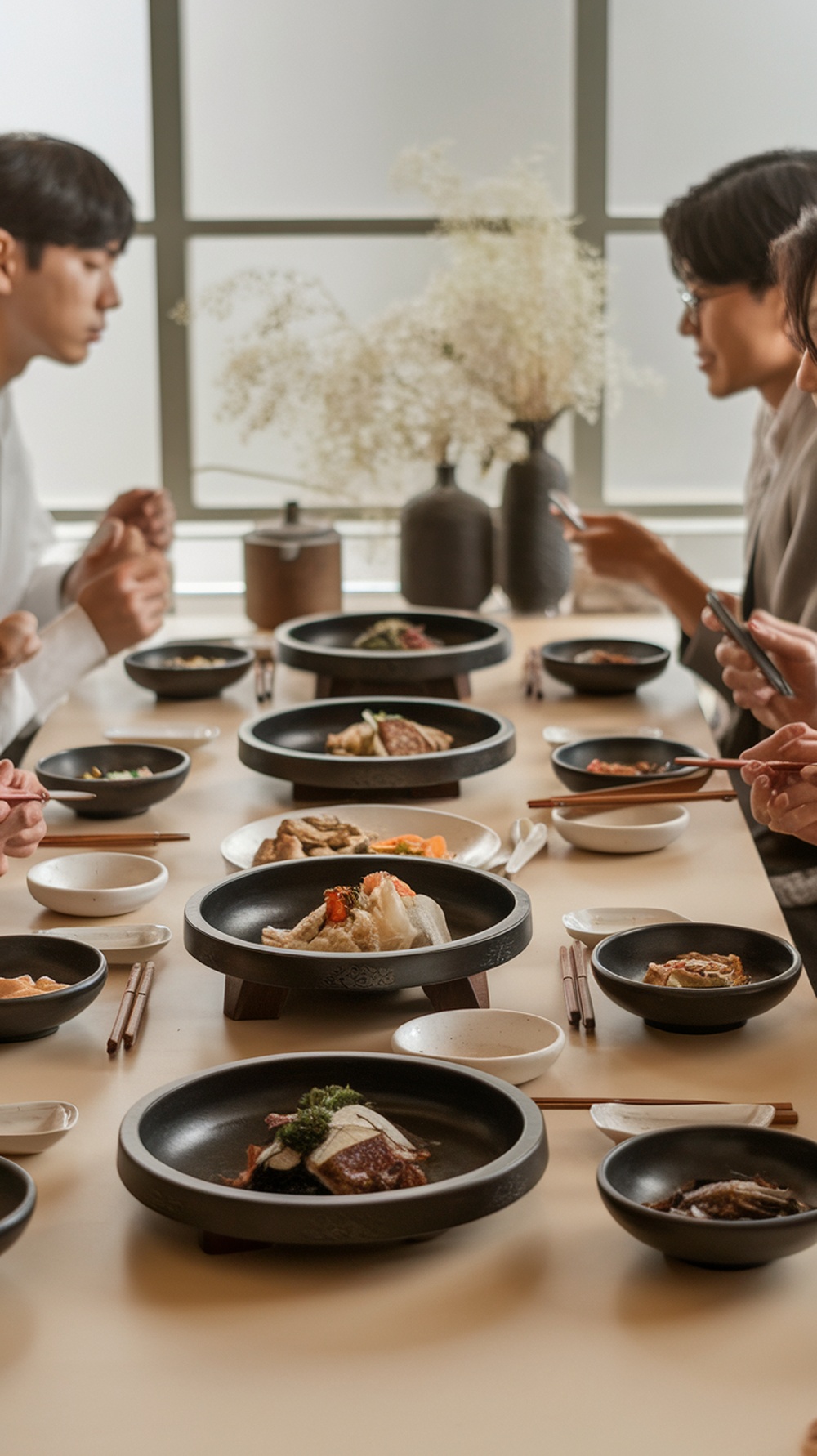 A group of people enjoying a Korean meal at a table, focusing on their food.