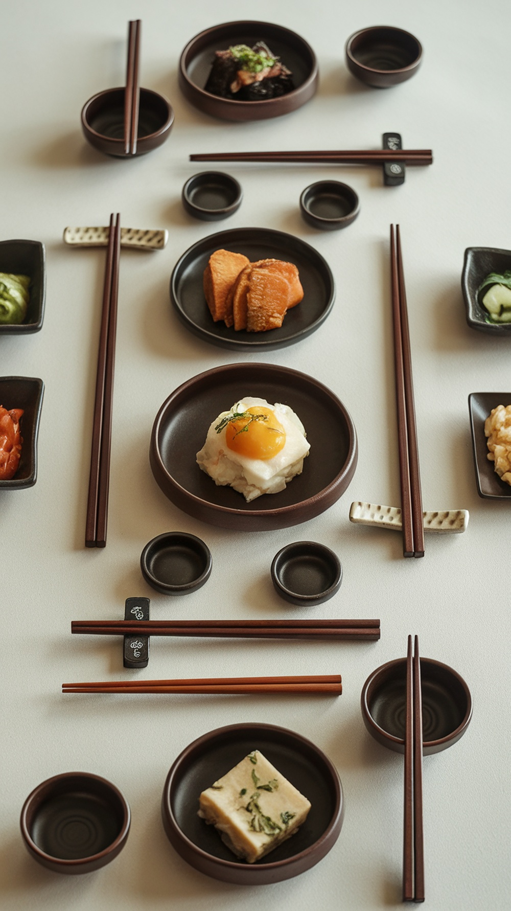 A variety of Korean banchan dishes served with chopsticks.