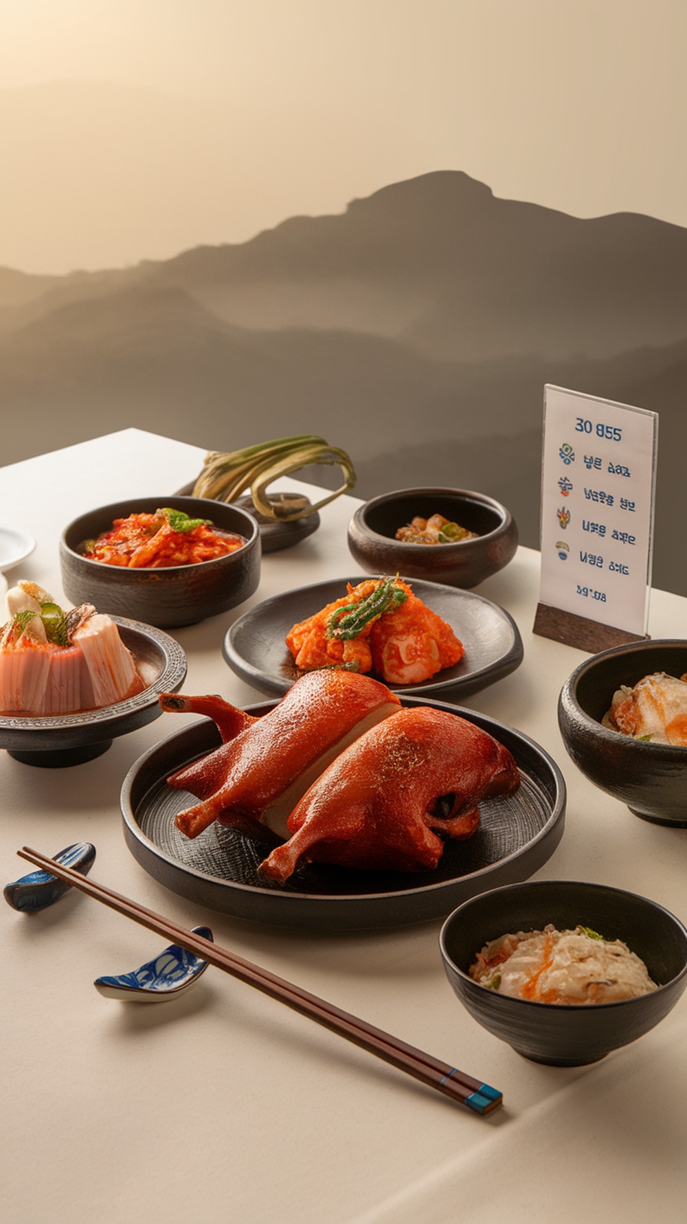 A beautifully arranged Korean meal featuring various dishes, including roasted duck and side dishes.