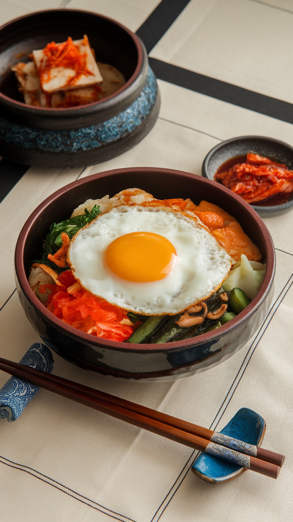 A bowl of bibimbap with a fried egg on top, surrounded by colorful vegetables and side dishes.