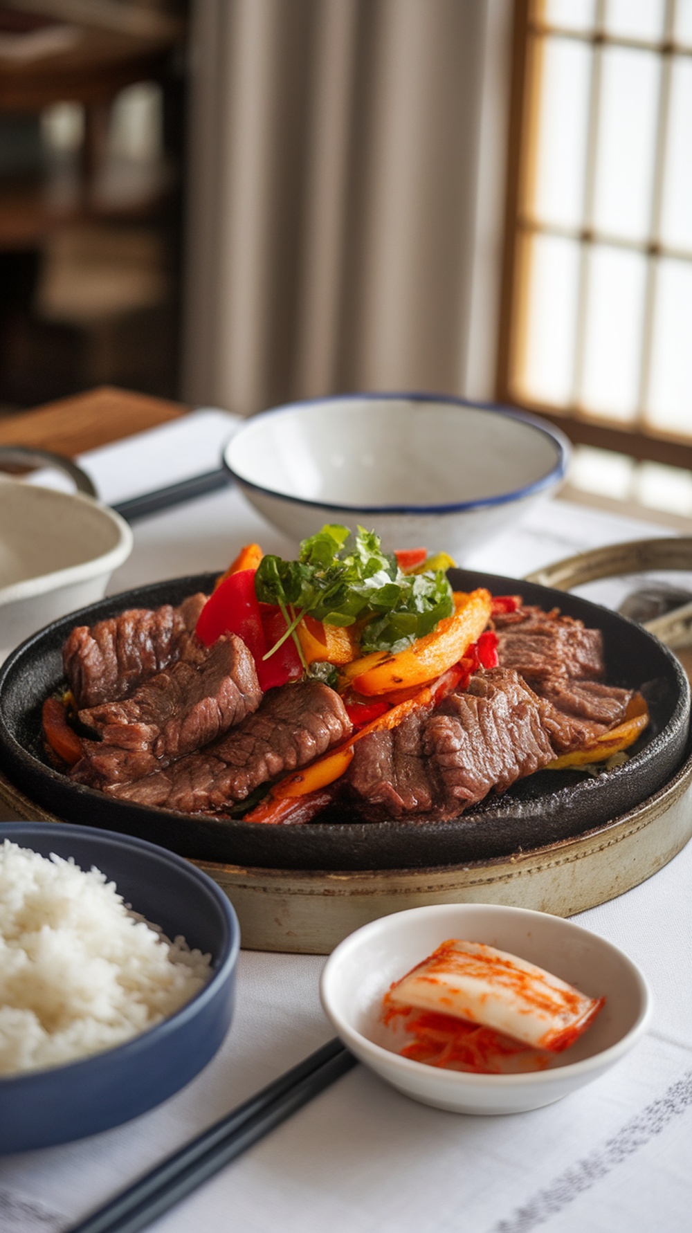 A plate of bulgogi with beef, colorful vegetables, rice, and kimchi.