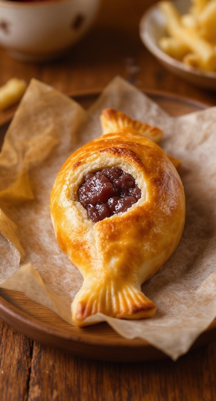 Bungeoppang, a fish-shaped pastry filled with red bean paste, on a wooden plate.