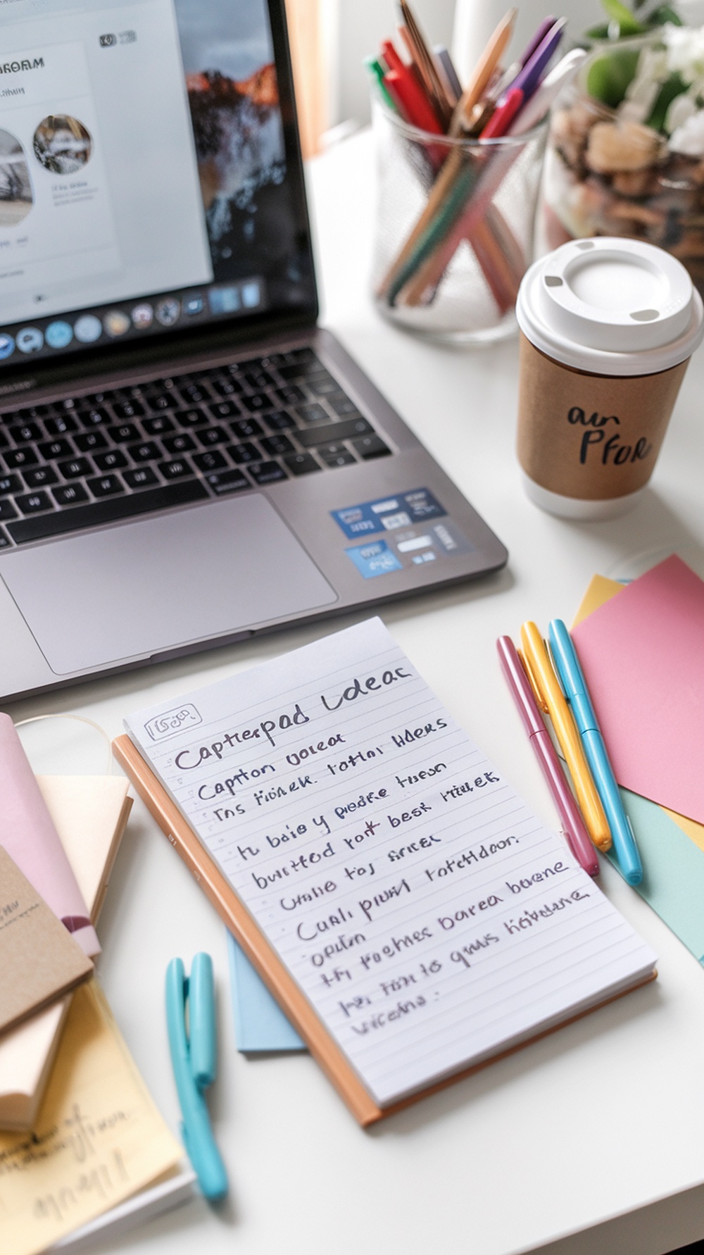 A workspace with a laptop, colorful pens, and a notepad filled with caption ideas.