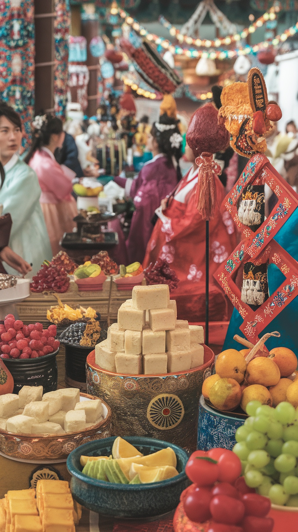 A vibrant display of traditional Korean foods and decorations during a festive celebration.